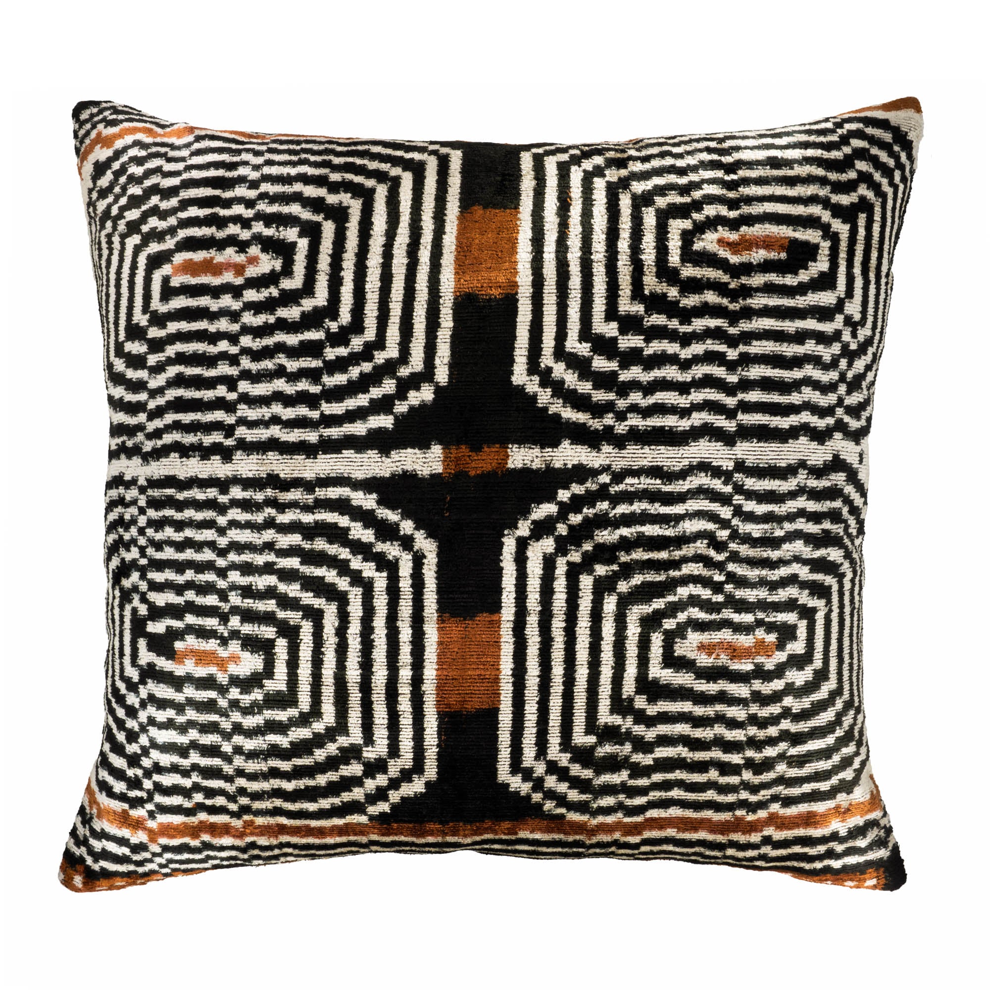 Handwoven silk velvet Labyrinth Ikat pillow cover, featuring bold patterns for a striking home decor piece.