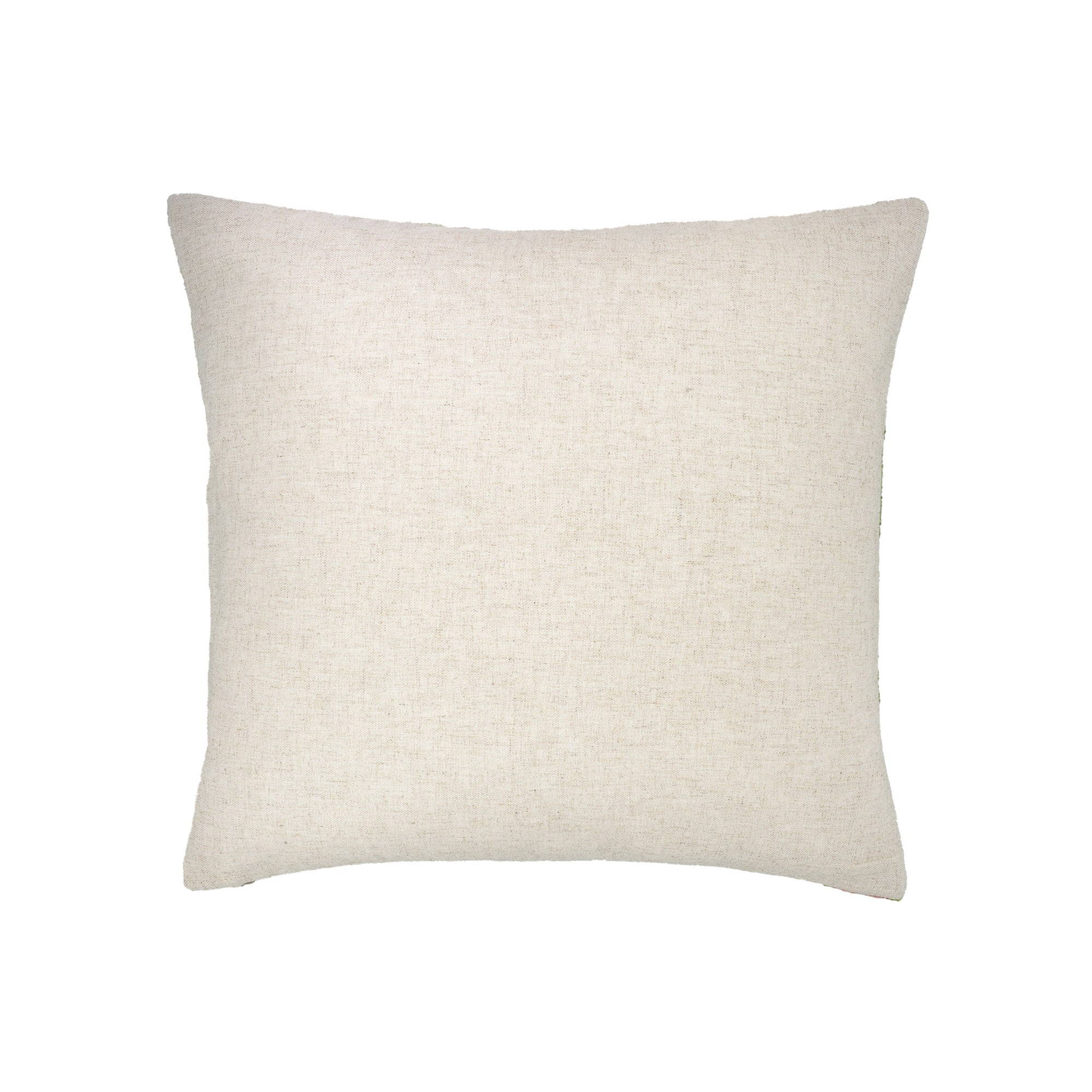 Back side of handmade silk velvet ikat throw pillow cover featuring a natural linen backing in a soft neutral beige tone.