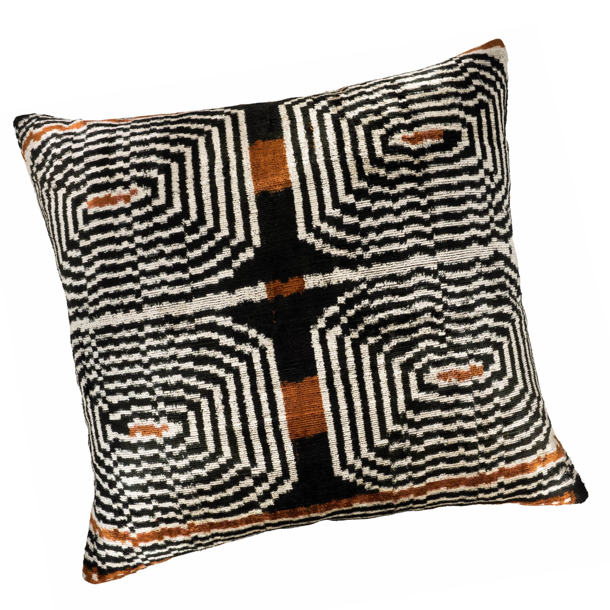 Chouchou Touch Labyrinth Pillow Cover, showcasing intricate Ikat patterns and smooth textures in silk velvet.
