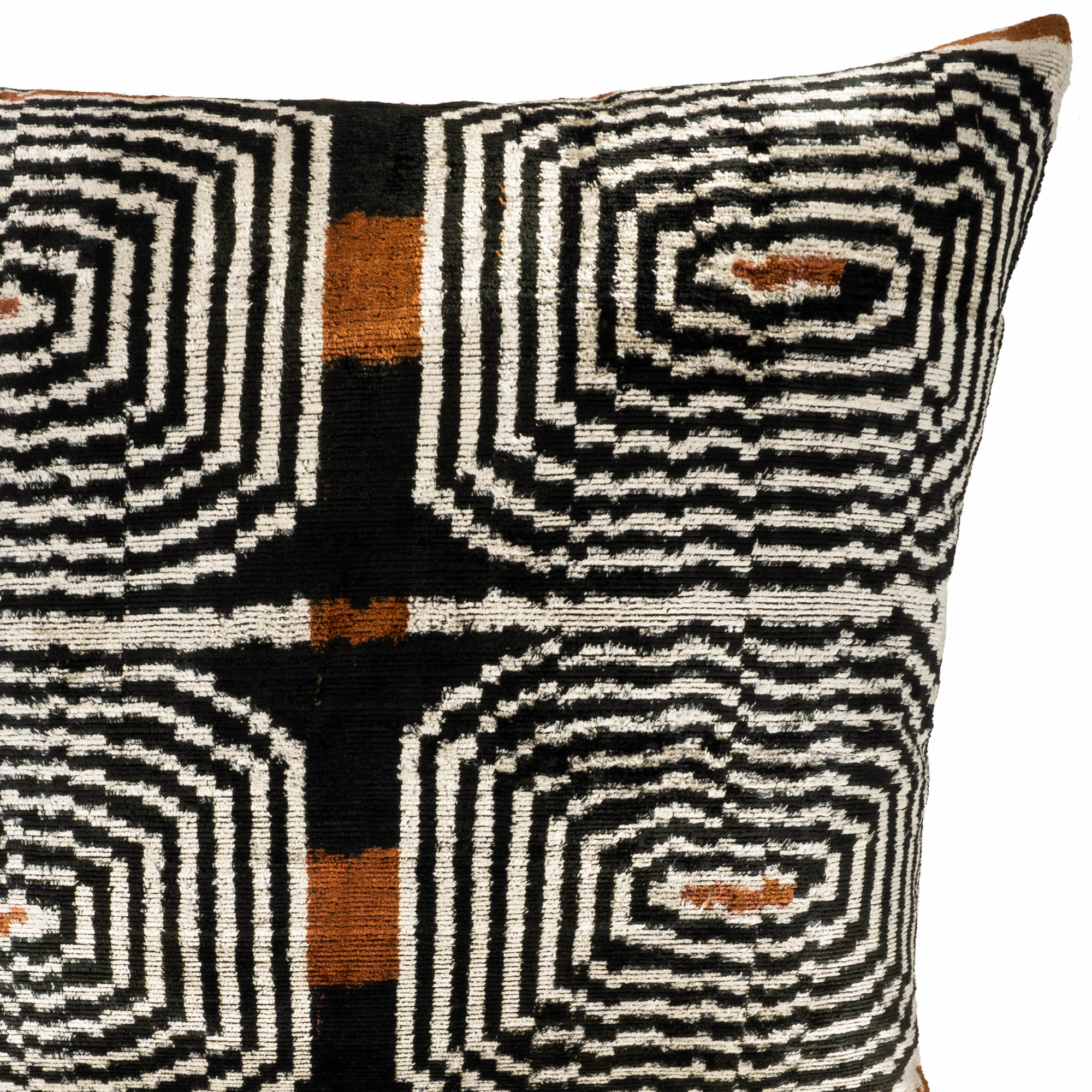 Traditional Ikat silk velvet pillow cover with labyrinth designs, perfect for enhancing living spaces with luxury.