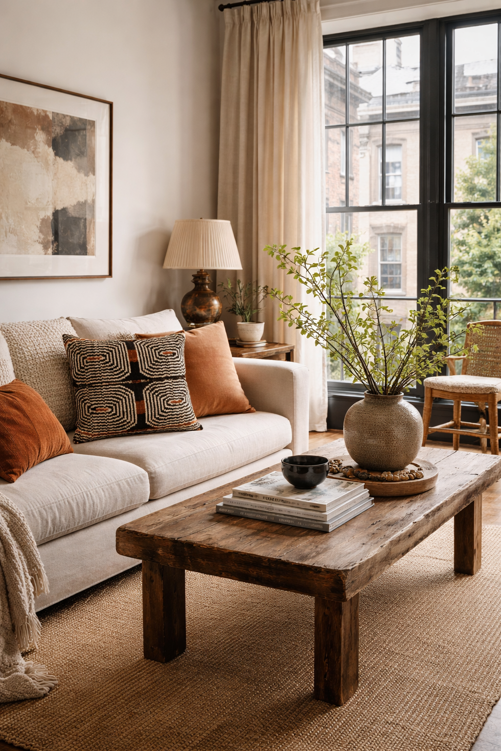 Handmade silk velvet ikat throw pillow with bold black geometric labyrinth pattern and warm earthy accents in rust, burnt orange and brown tones, styled on a neutral sofa in a bright living room.