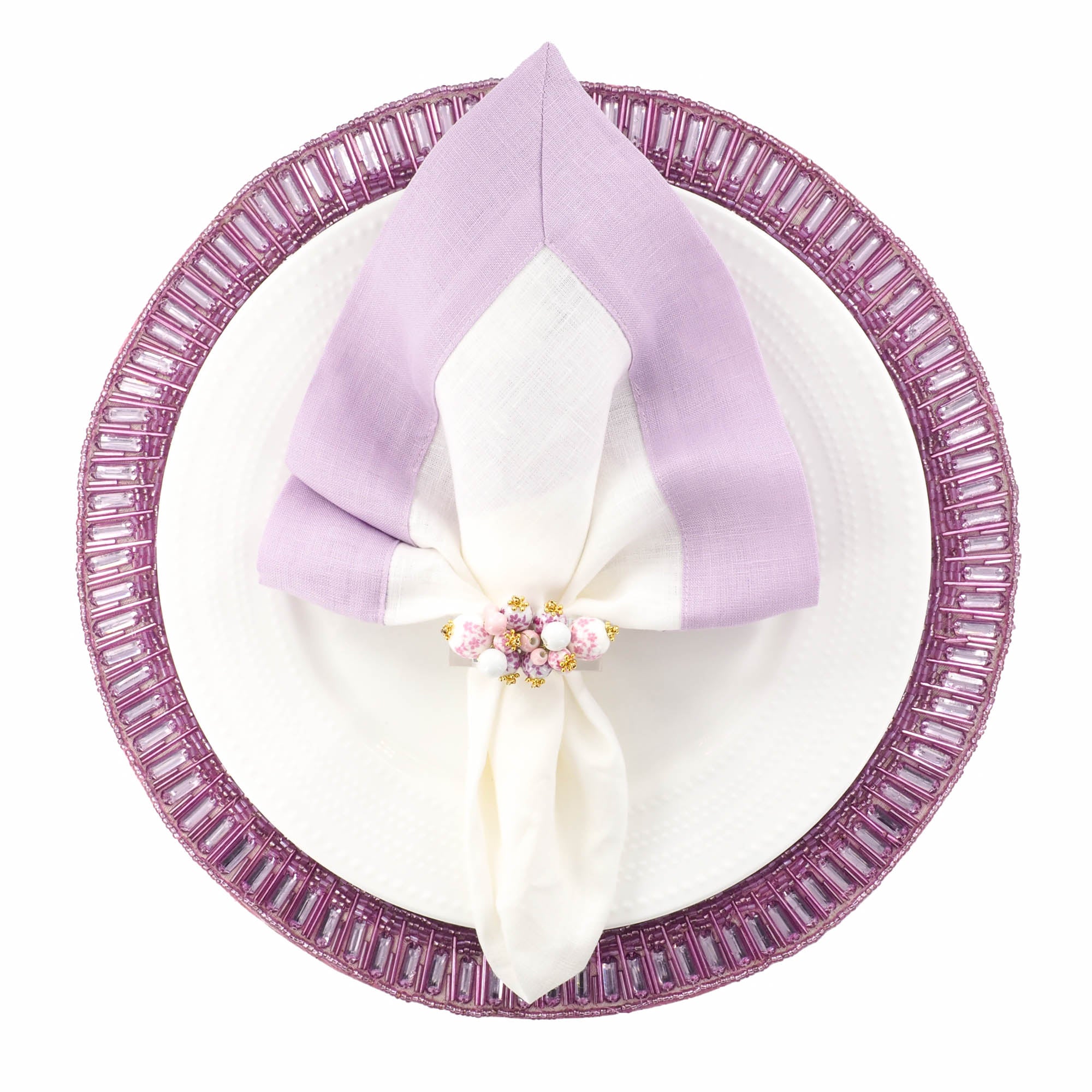 Luxury handmade lavender beaded placemat styled with white linen napkin with lavender border and butterfly ring by ChouChou Touch