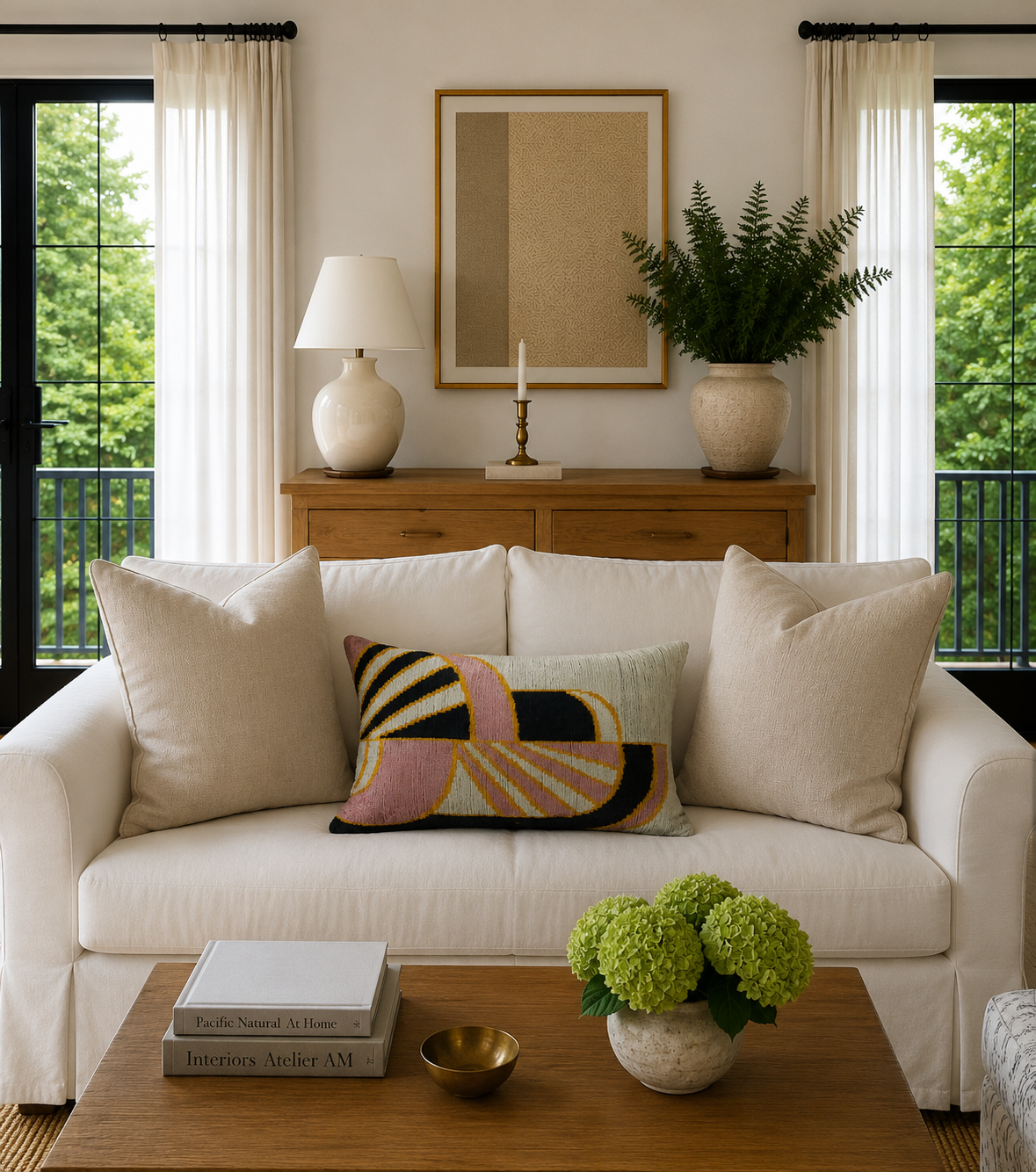ChouChou Touch handmade silk velvet ikat lumbar pillow in blush pink, ivory, black and golden tones styled on a cream sofa in a bright, elegant living room with natural light.