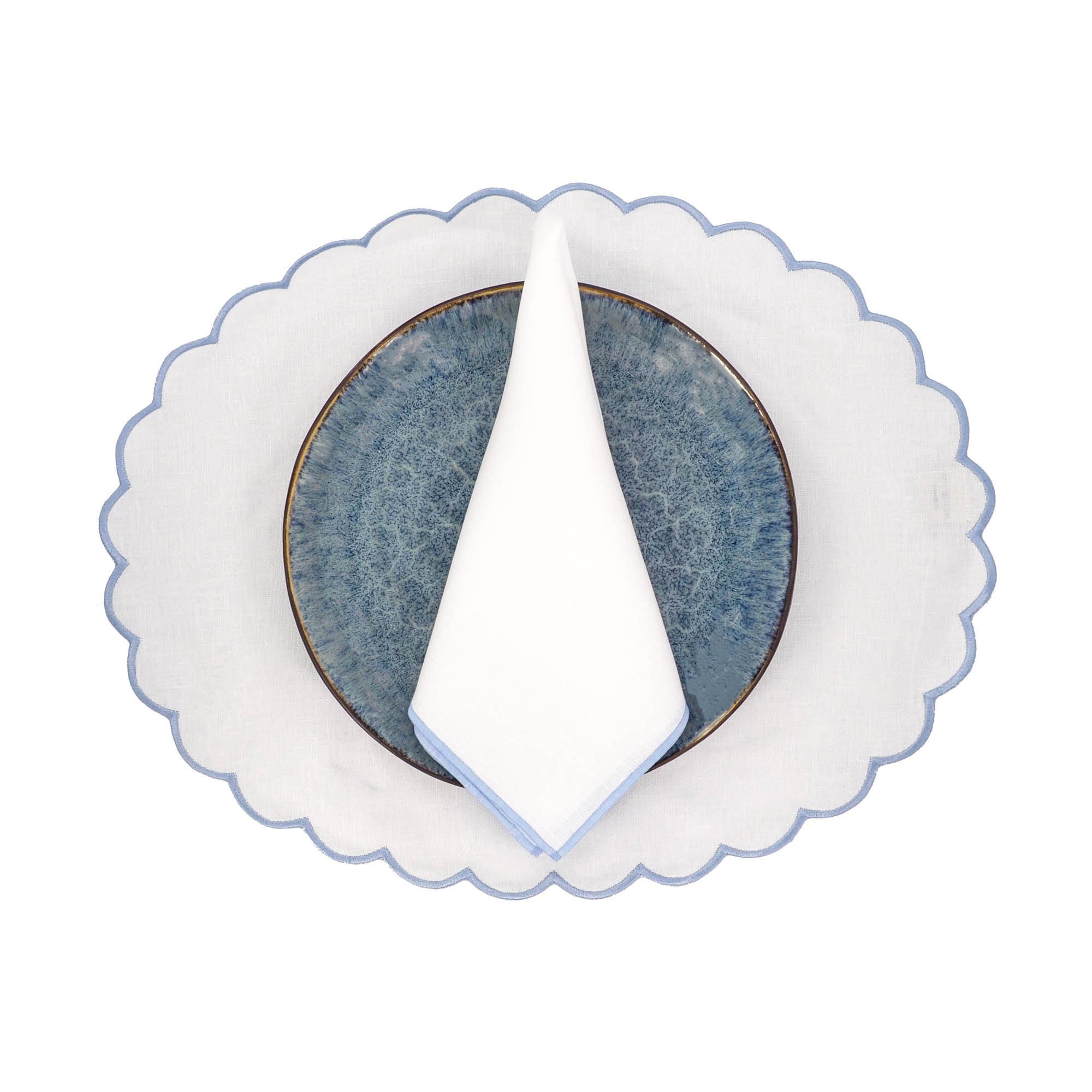 Set of 4 premium Linen Napkins with Baby Blue Stitch Edges, crafted from 100% linen for a luxurious tactile experience.