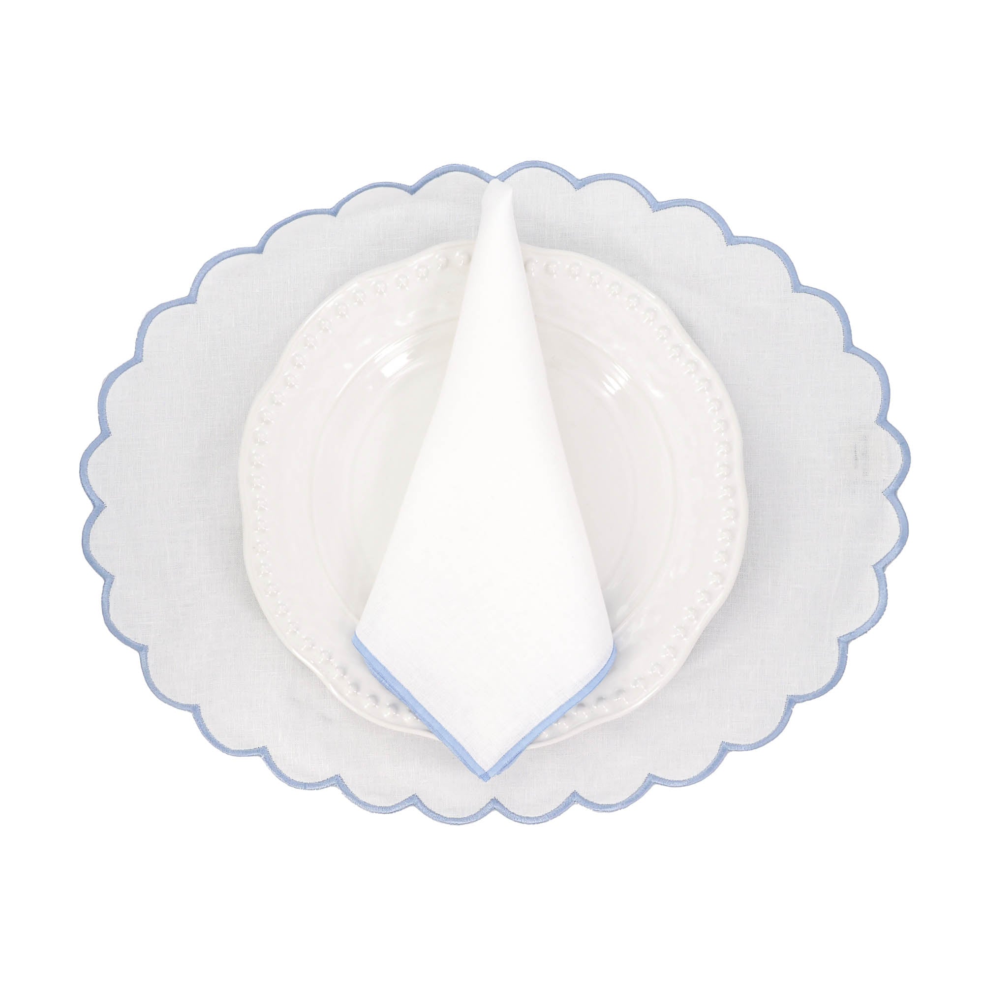 Chouchou Touch Linen Napkins with Baby Blue Stitch Edges, perfect for weddings, holidays, and special celebrations.