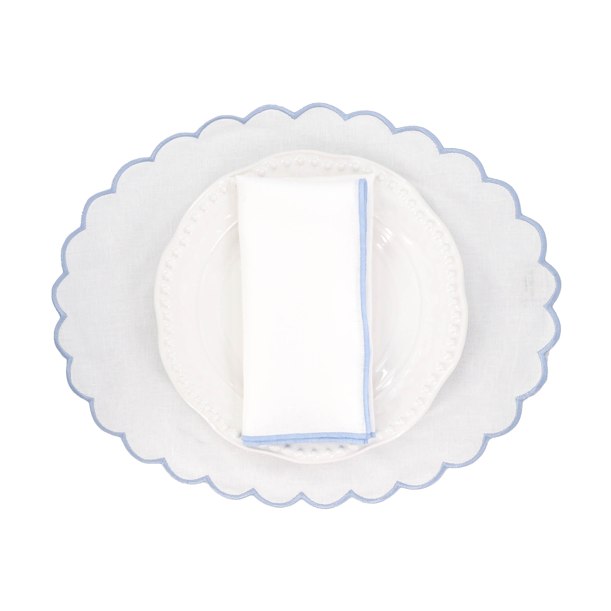 Soft and smooth Linen Napkins with Baby Blue Satin Stitch Edges, ideal for both everyday meals and elegant events.