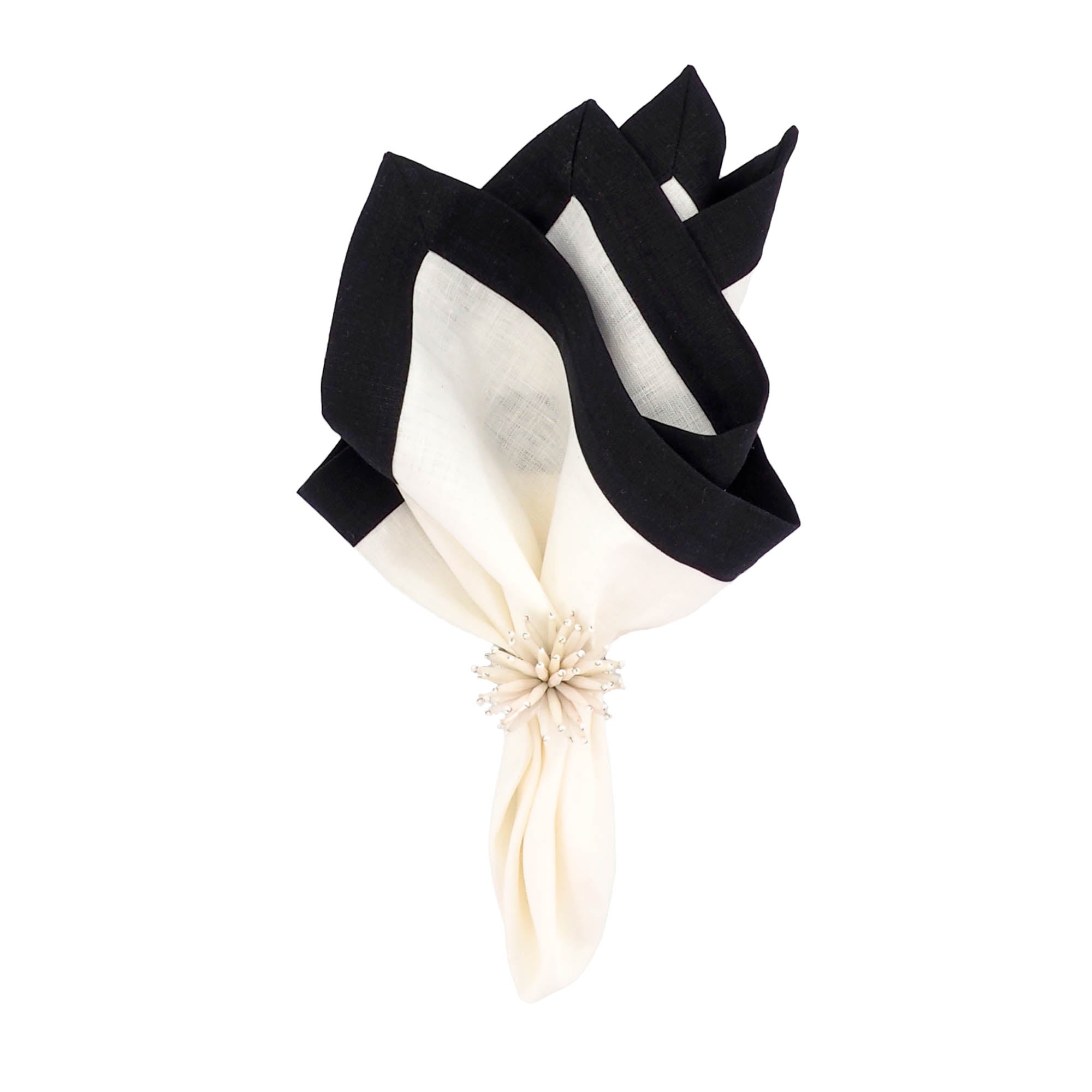 Set of 4 linen napkins, 21x21 inches, with black borders, ideal for fancy parties and family gatherings.