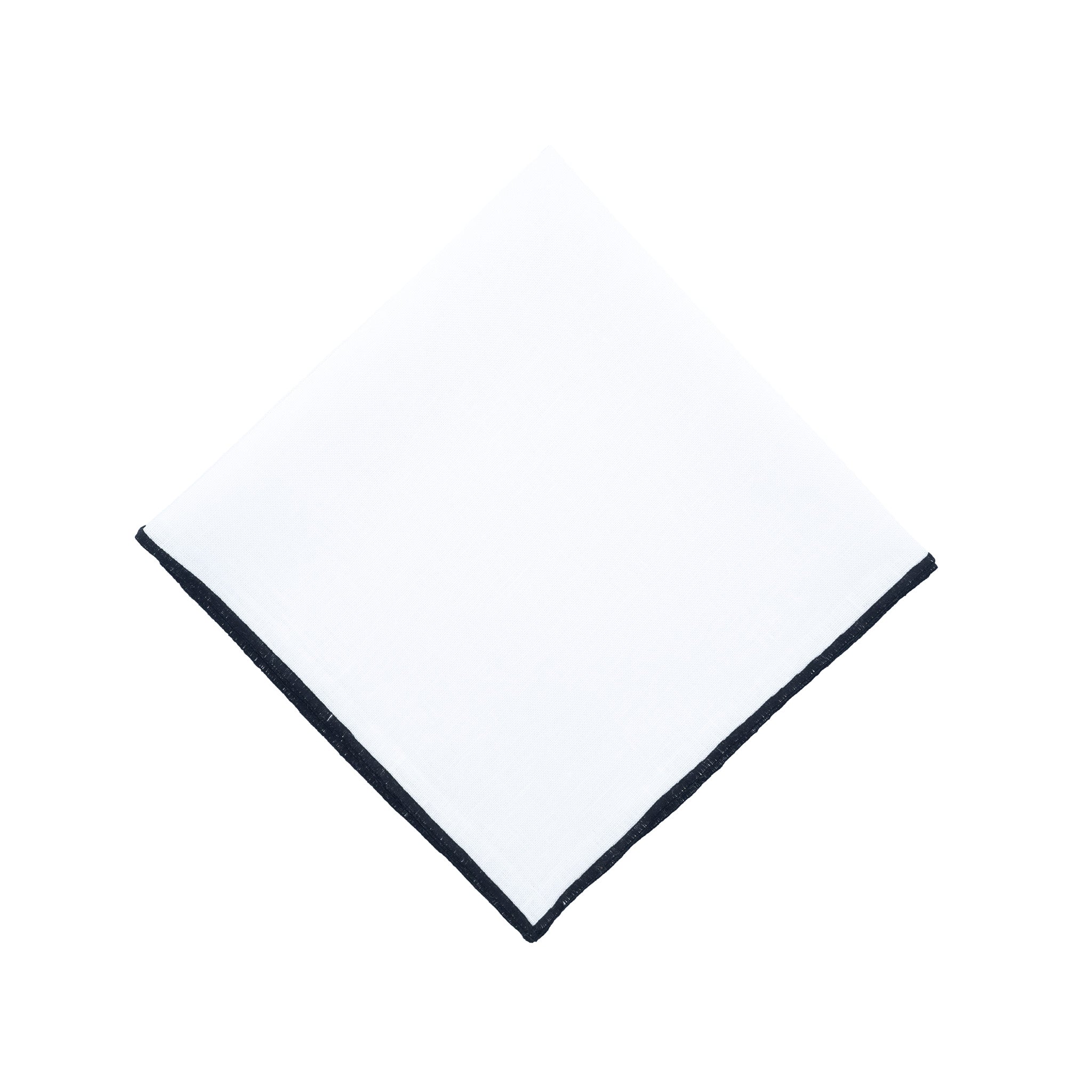 Premium white linen napkins featuring elegant black satin stitch edges, perfect for adding sophistication to your dining decor.