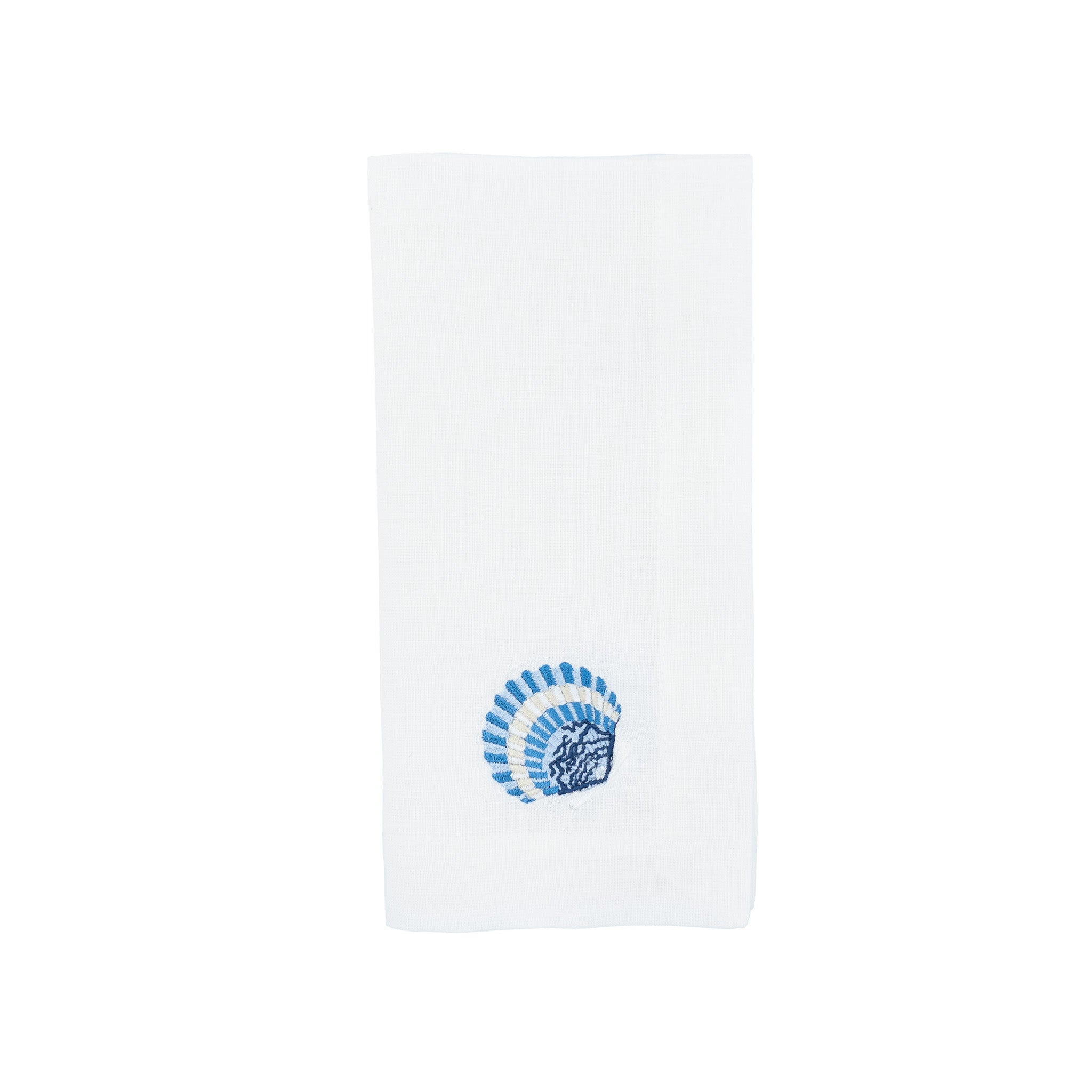 Elegant linen napkins with blue shell embroidery, handmade for lasting quality and a tactile experience.