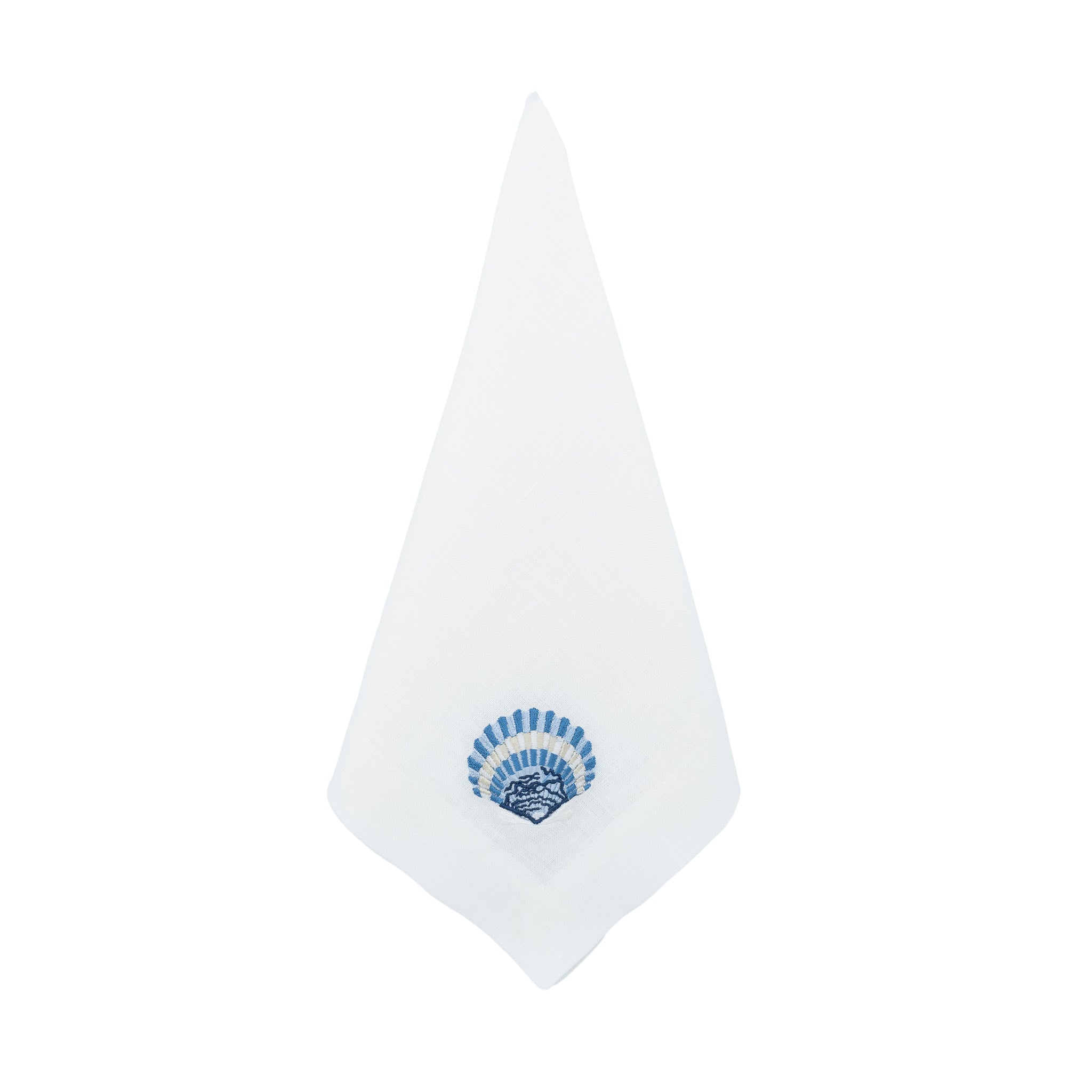 Chouchou Touch handmade linen napkins with blue shell embroidery, ideal for enhancing special occasions and everyday meals.