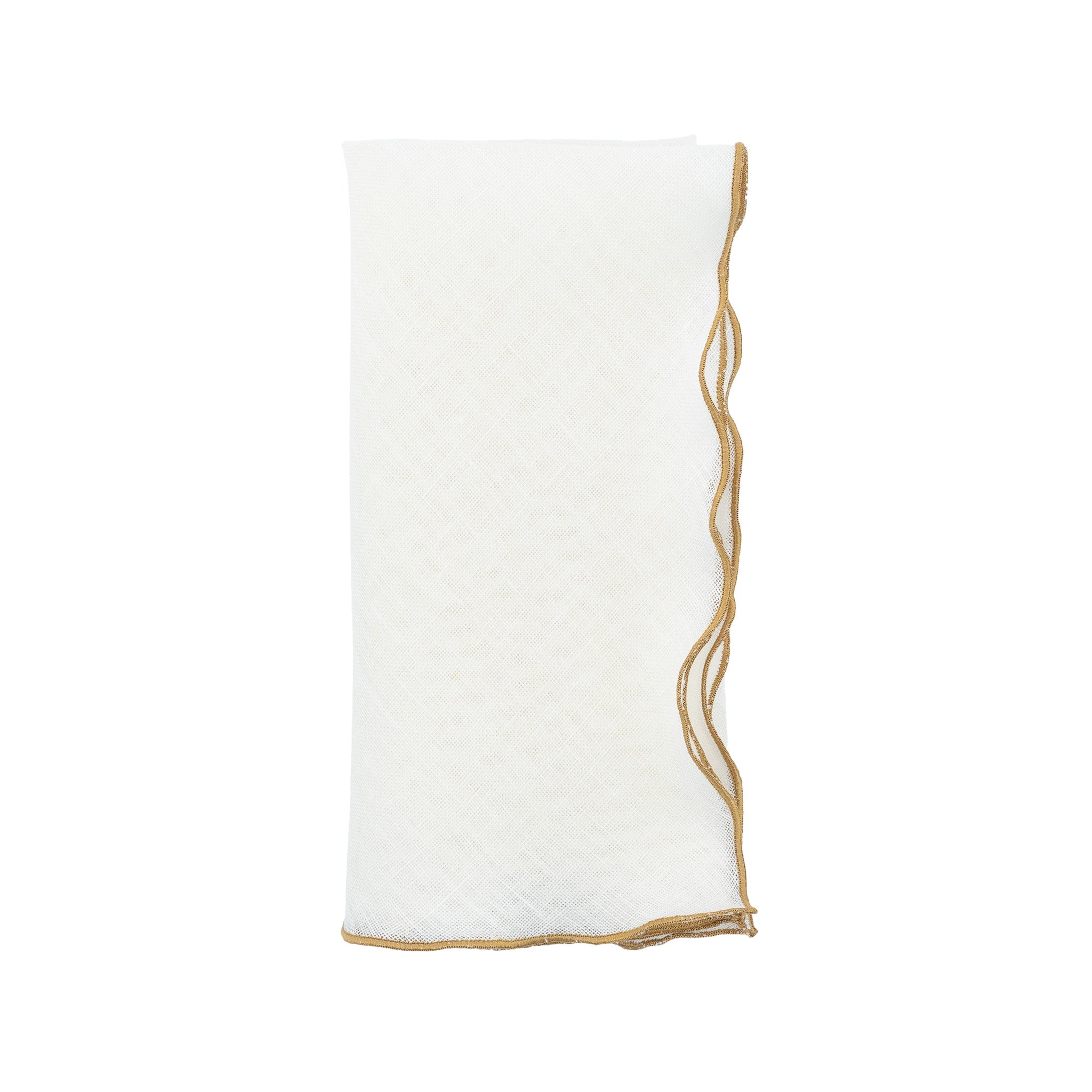 Handmade linen napkins with gold ruffled edges, ideal for formal dinners and casual gatherings alike.