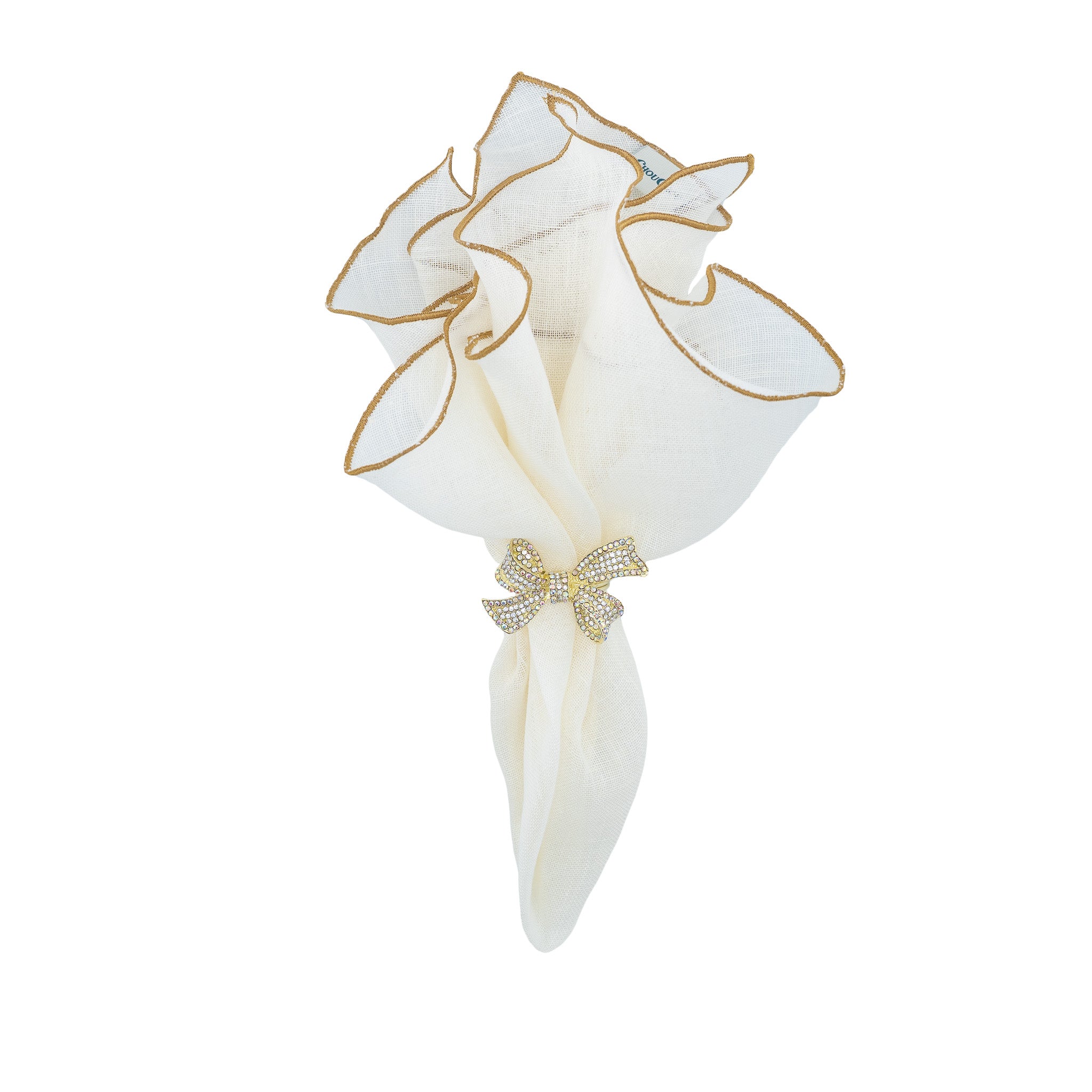 Premium linen napkins featuring gold ruffled edges, perfect for a refined and stylish dining experience.