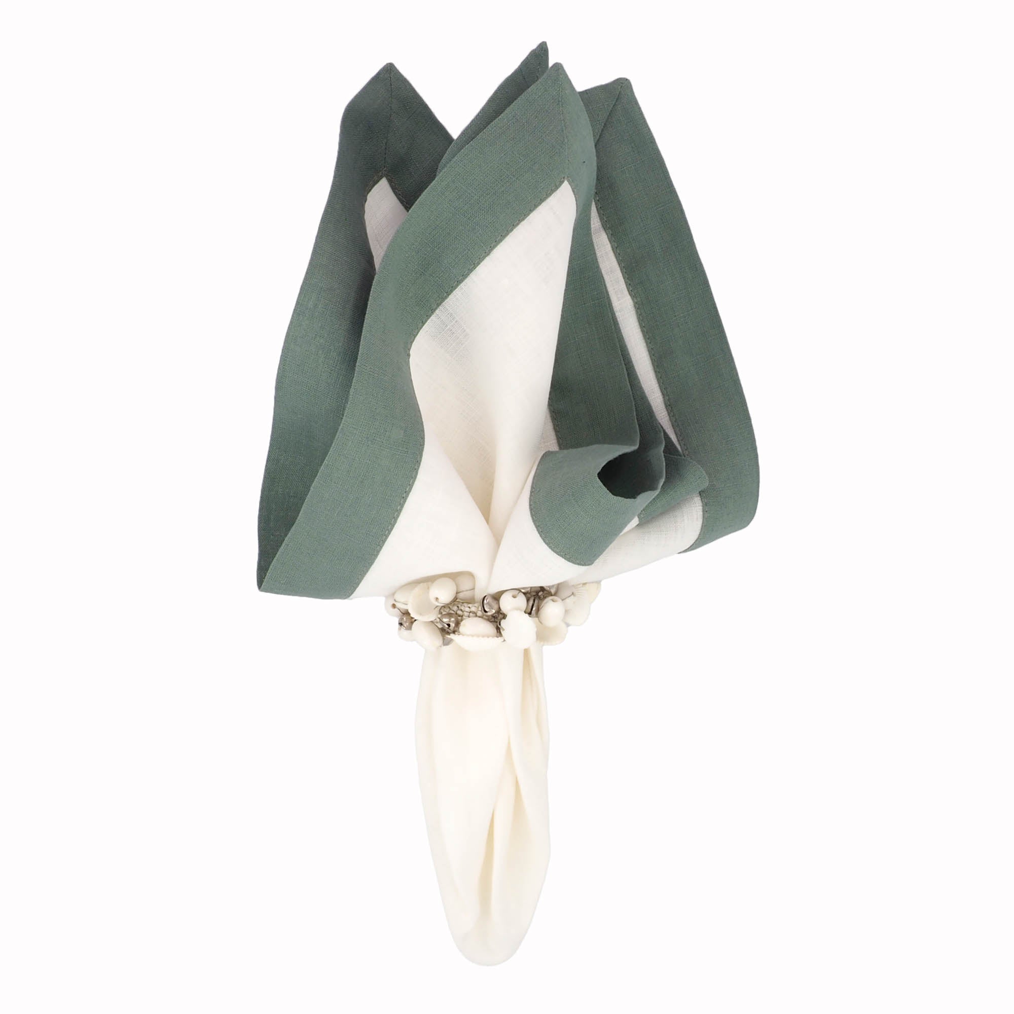 Linen napkins with green borders, crafted to bring a touch of nature-inspired elegance to your table settings.