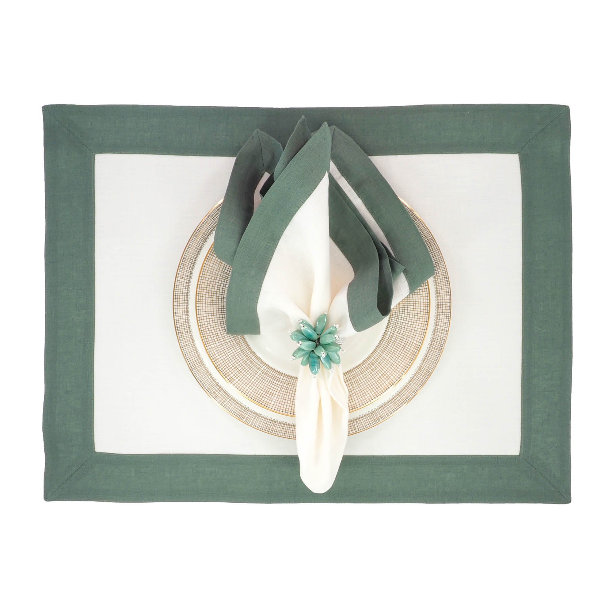 Chouchou Touch handmade linen napkins with green borders, perfect for enhancing any formal or casual dining event.