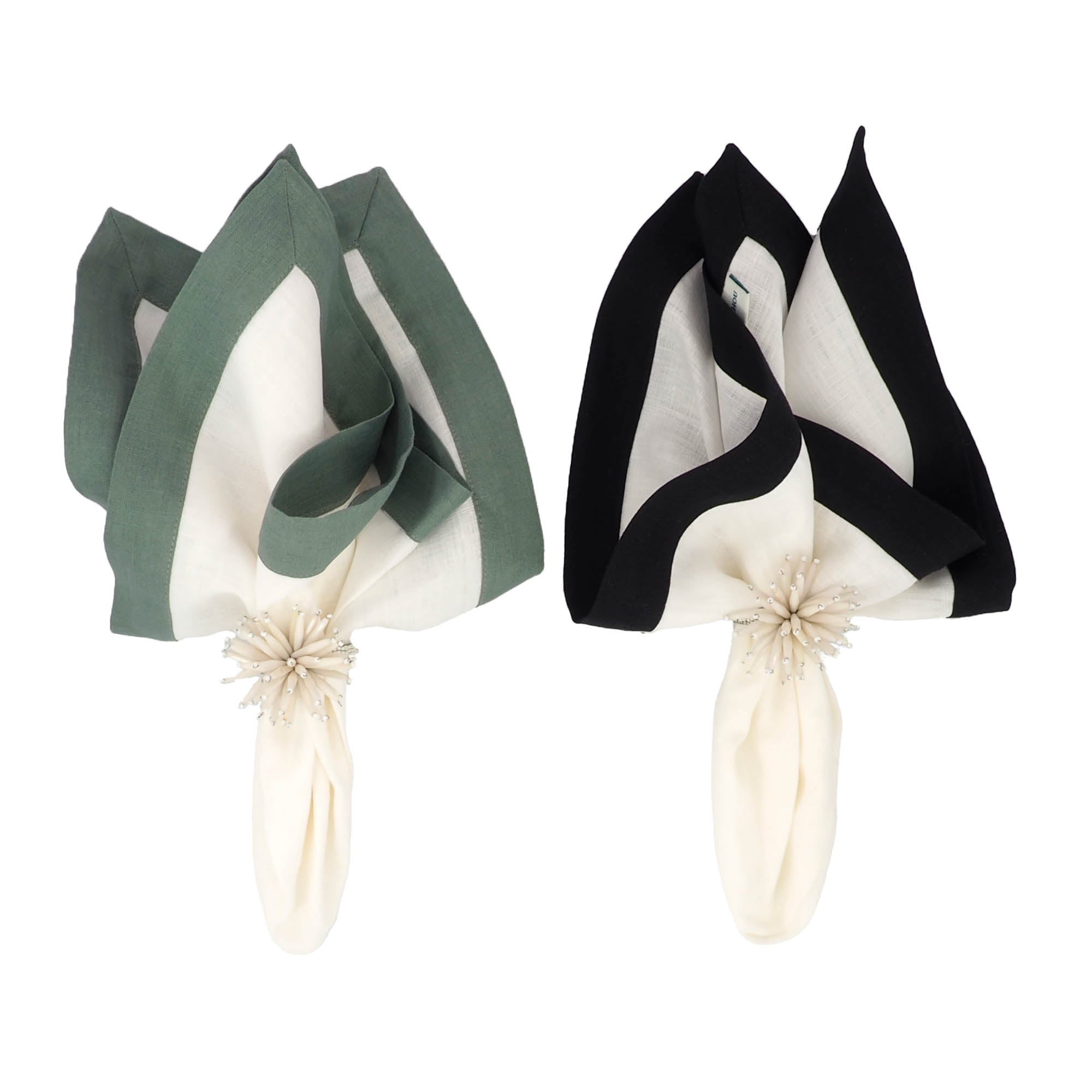 Durable linen napkins with green double-sided borders, machine washable, ideal for sophisticated dining settings.