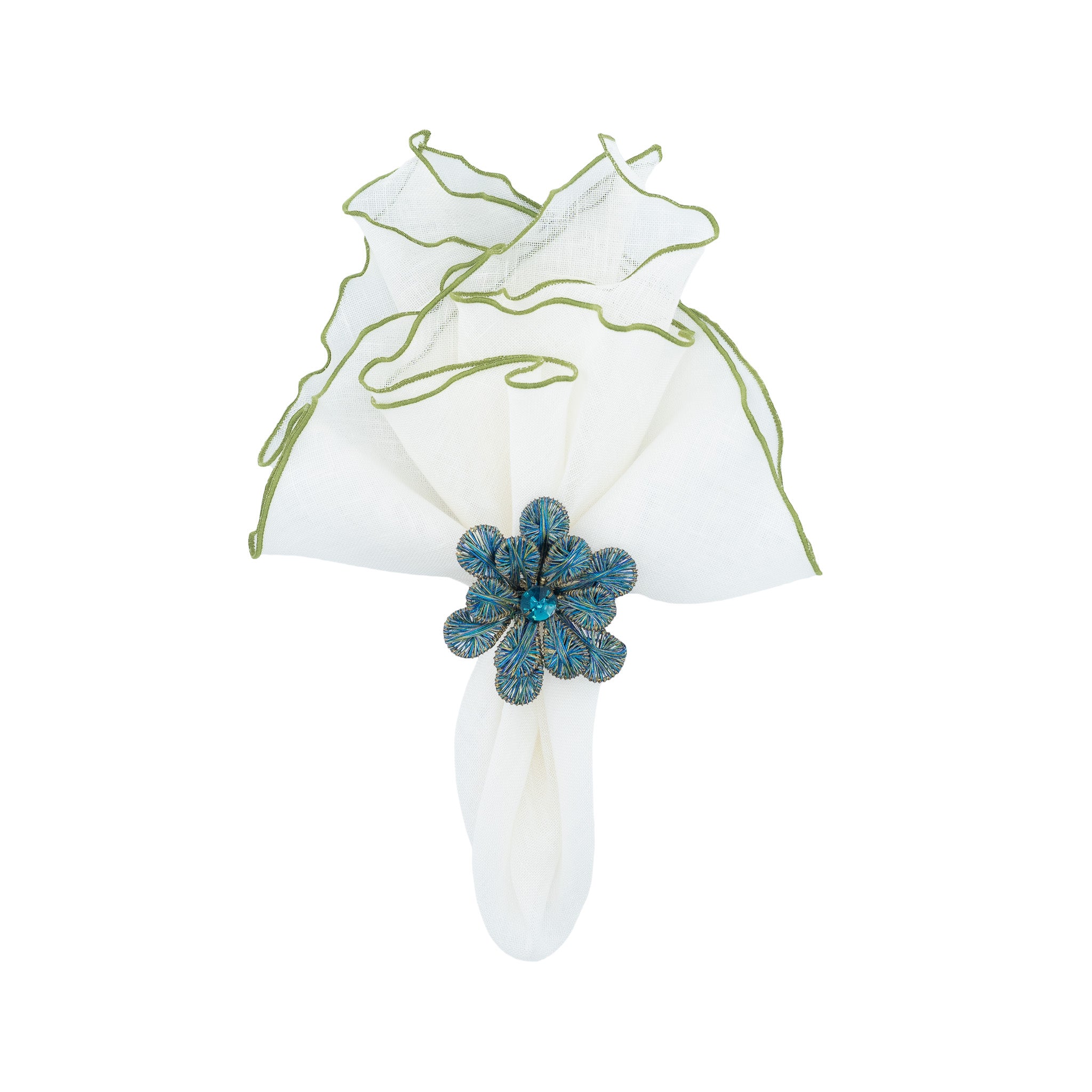 Elegant linen napkins with vibrant green ruffled edges, handmade for lasting durability and texture.