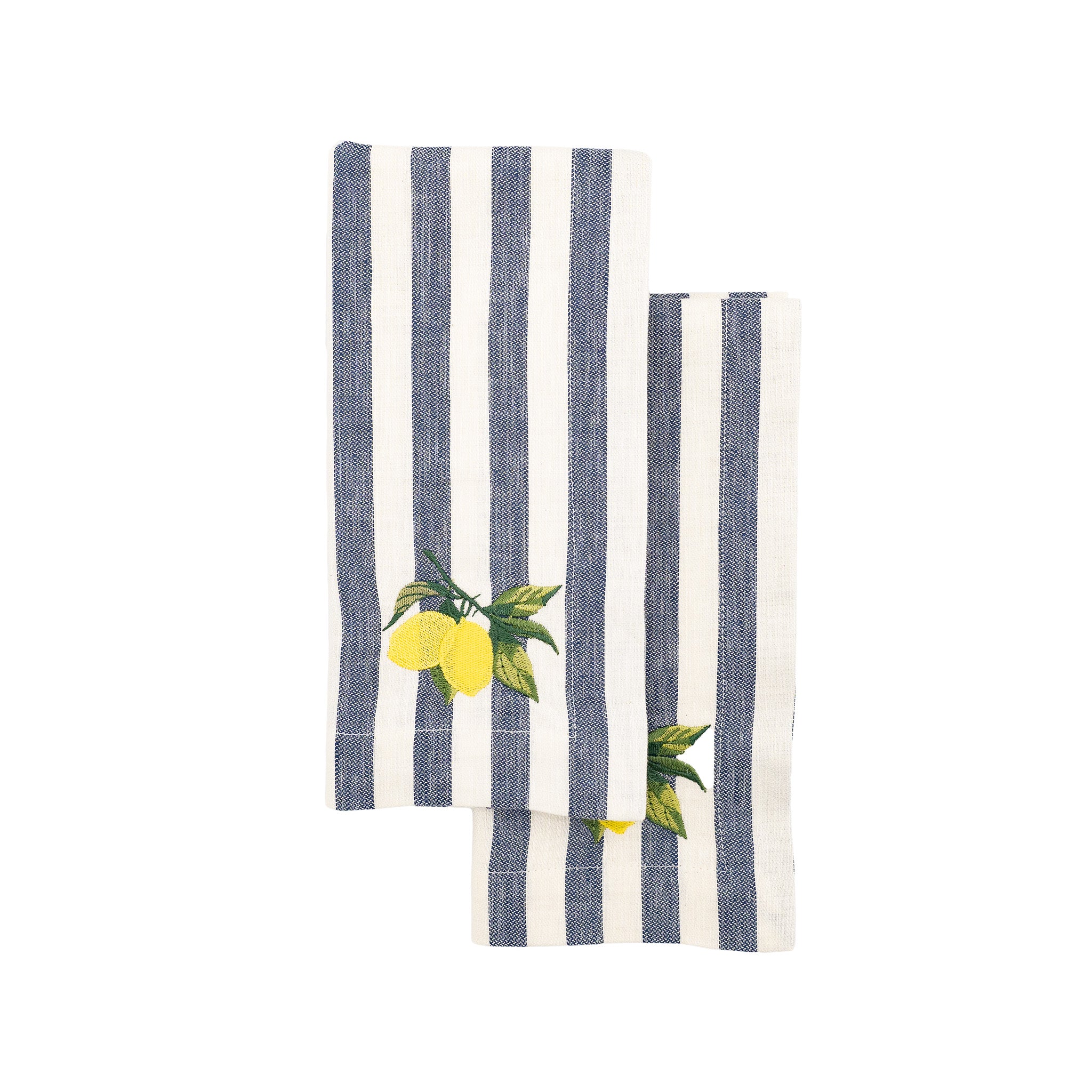 Elegant linen napkins with lemon embroidery, handmade for lasting quality and a tactile experience.