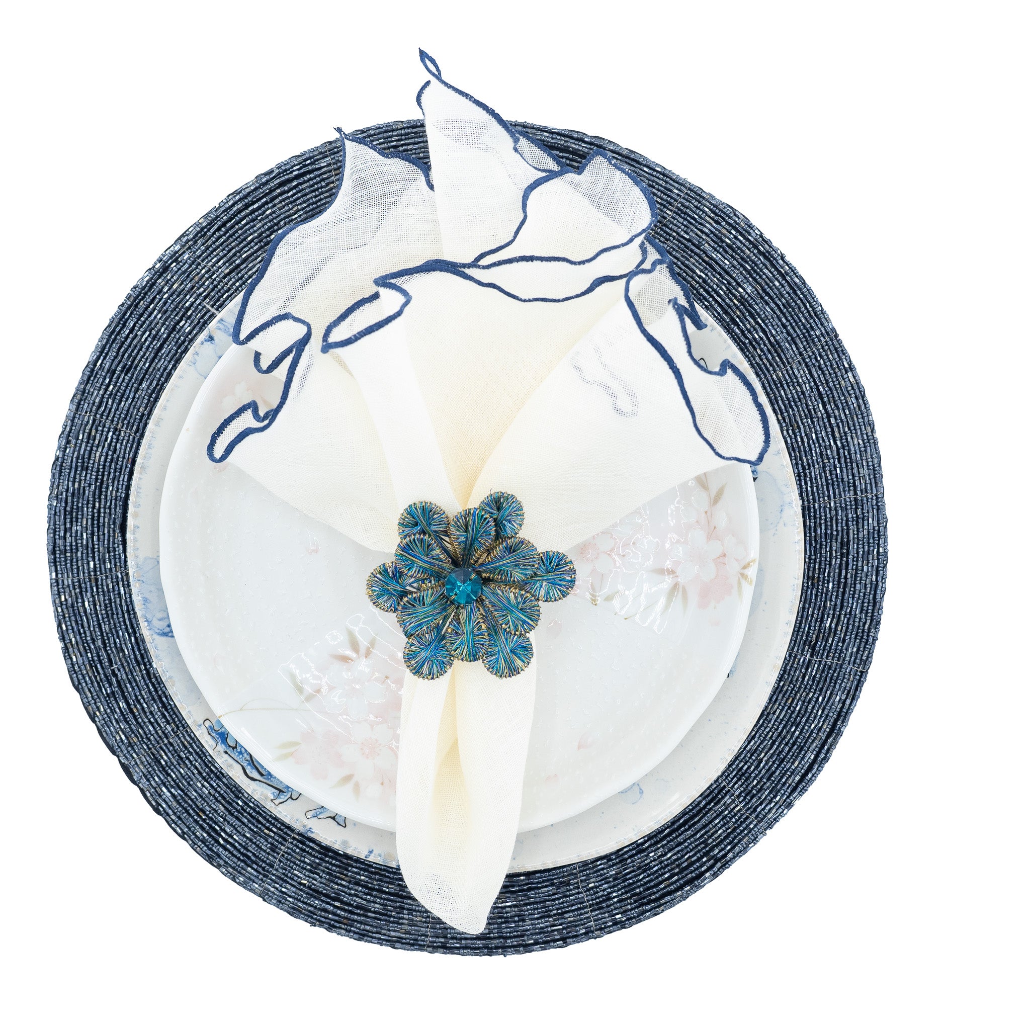 Navy ruffled edge linen napkins, designed to bring a classic, luxurious touch to both casual and formal settings.