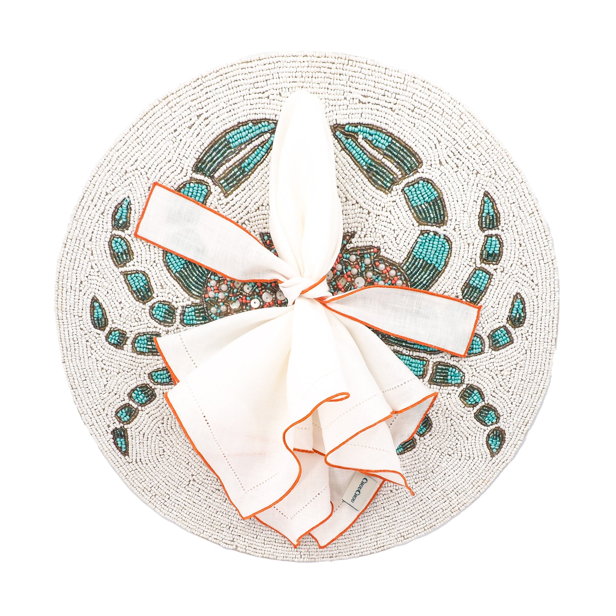 Elegant white linen napkins with orange ruffled hemstitch detailing, handmade for lasting quality and charm.