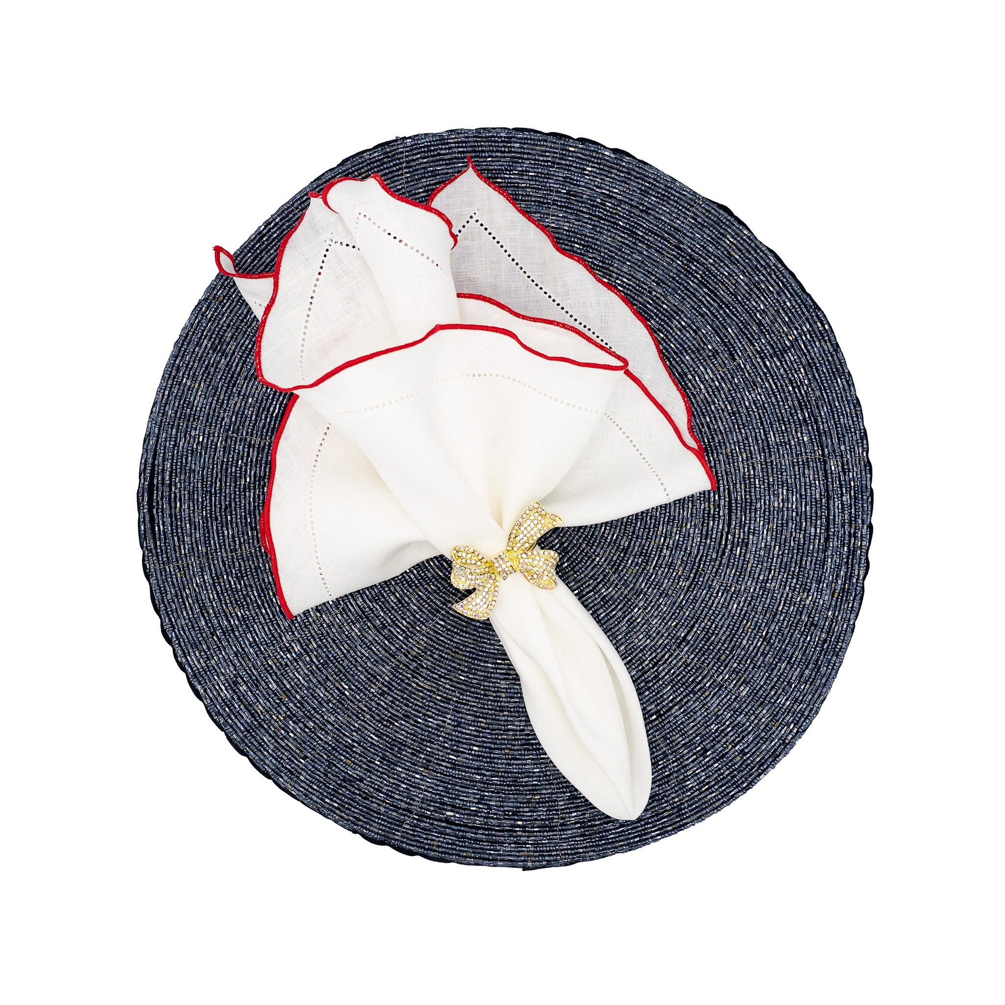 Durable white linen napkins with red ruffled hemstitch edges, machine washable, designed for luxurious and tactile dining.