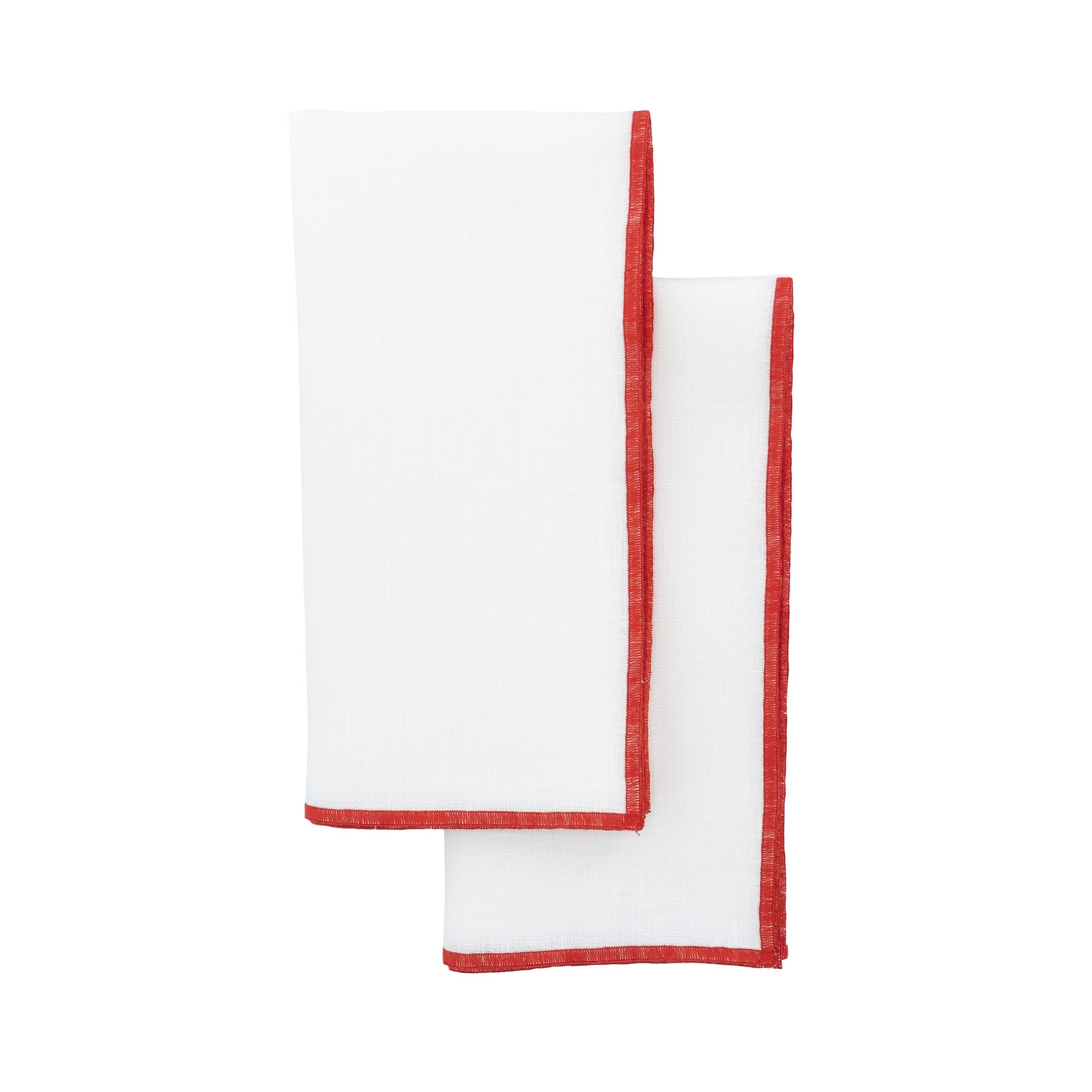 Elegant linen napkins with red stitch detailing, handmade for lasting quality and charm.