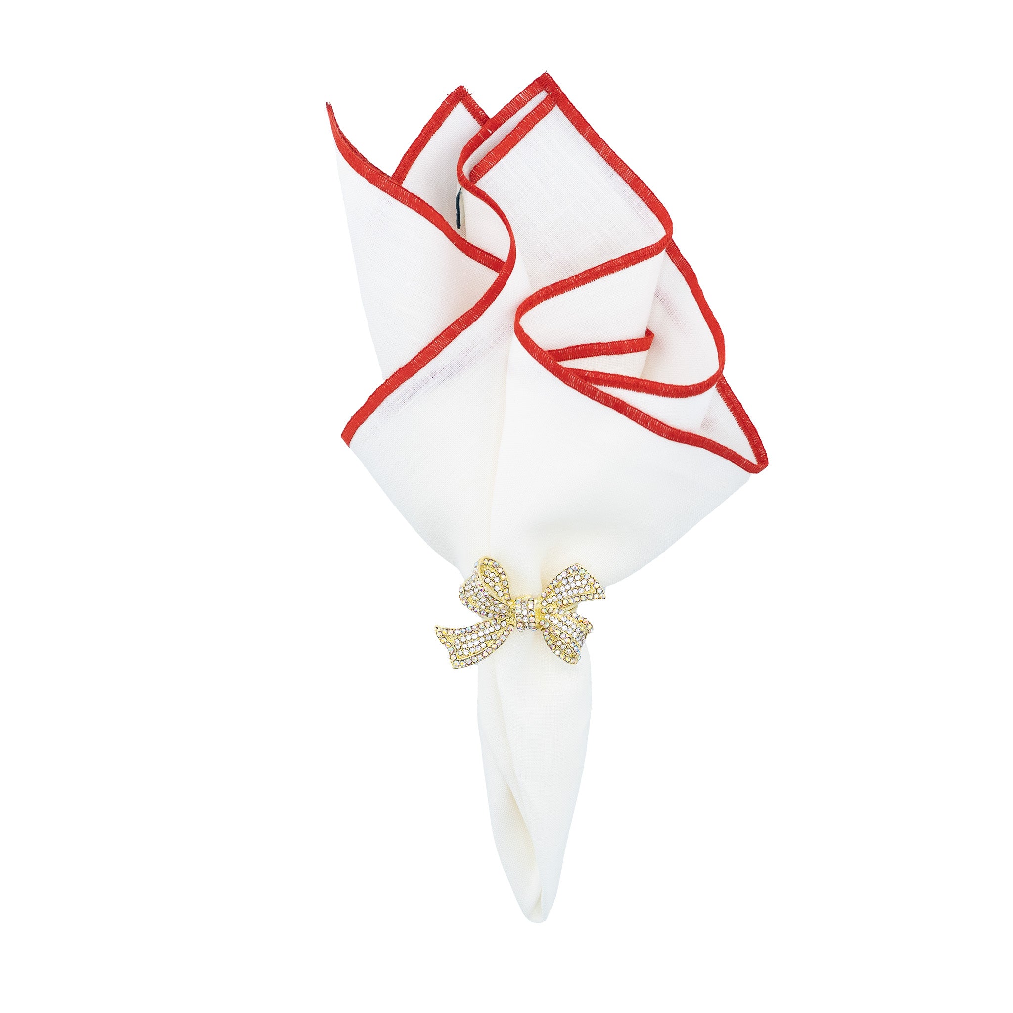 Linen napkins with red stitch edges, crafted to bring a cheerful and sophisticated touch to your table settings.