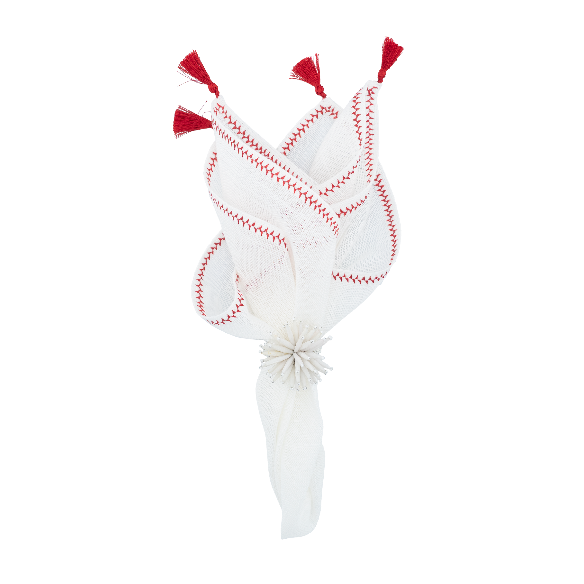 Handmade linen napkins with decorative red tassels, perfect for both formal events and casual family gatherings.