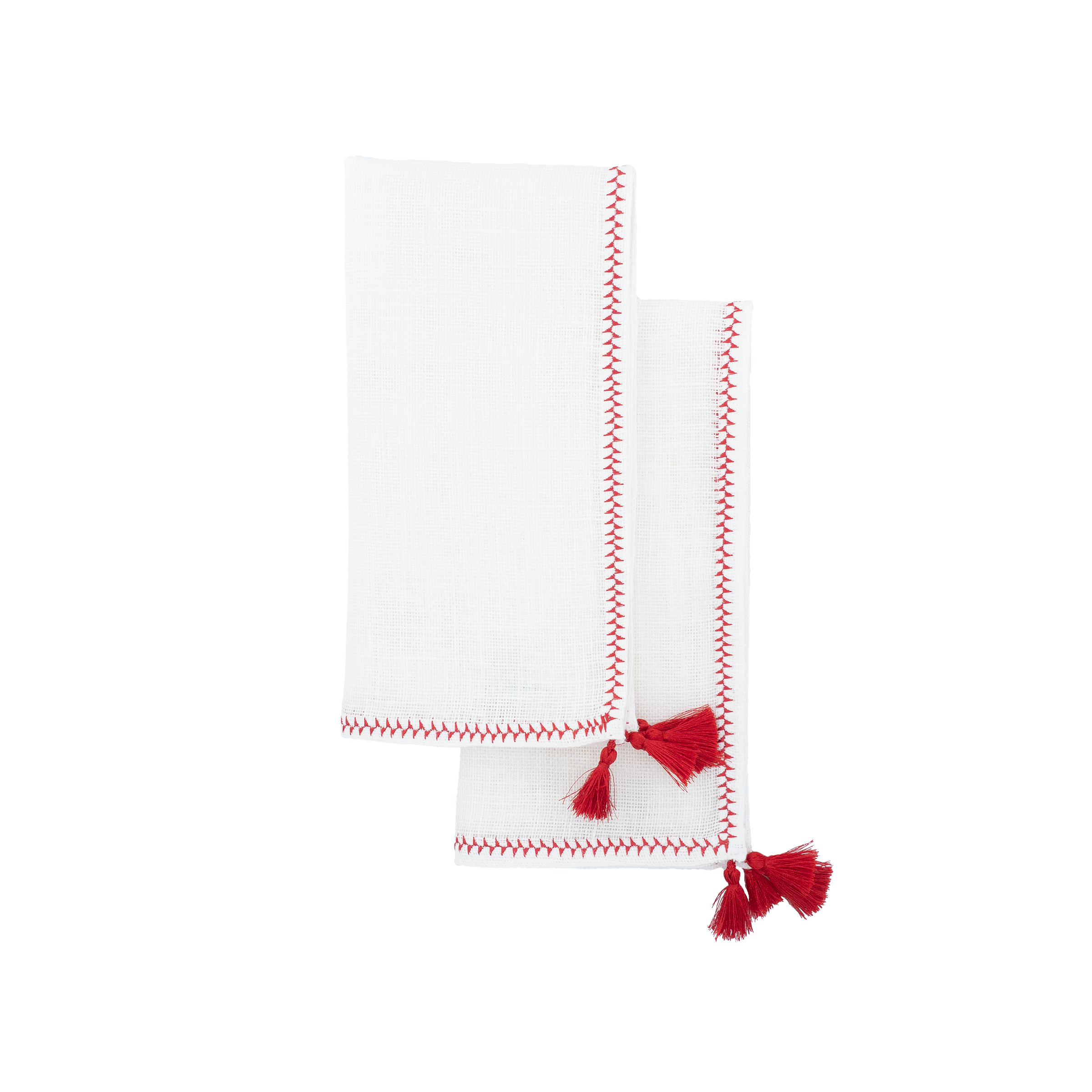 Luxurious linen napkins with red tassels, designed to enhance your tabletops for any occasion.
