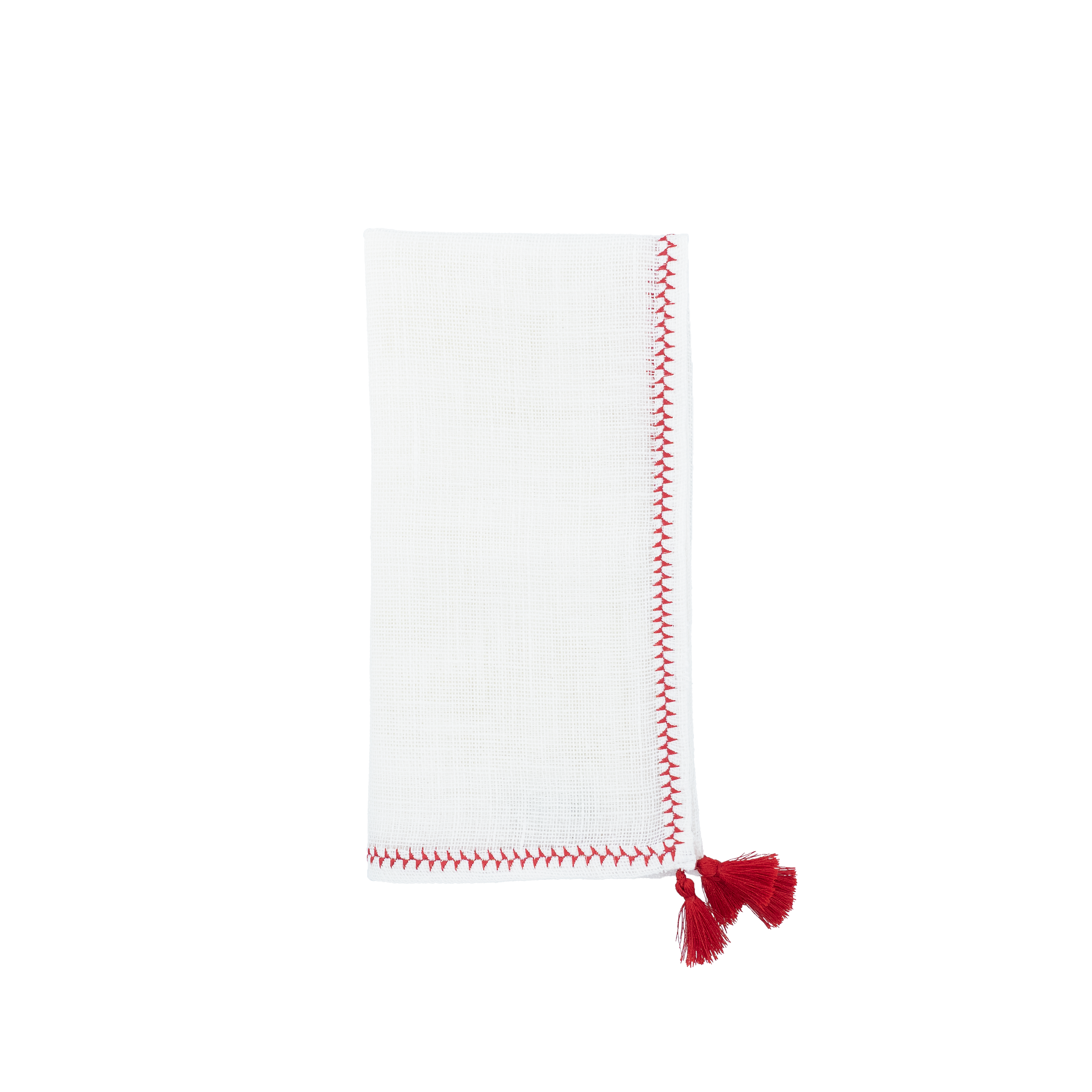 Premium linen napkins featuring charming red tassels, ideal for adding a festive flair to your dining decor.