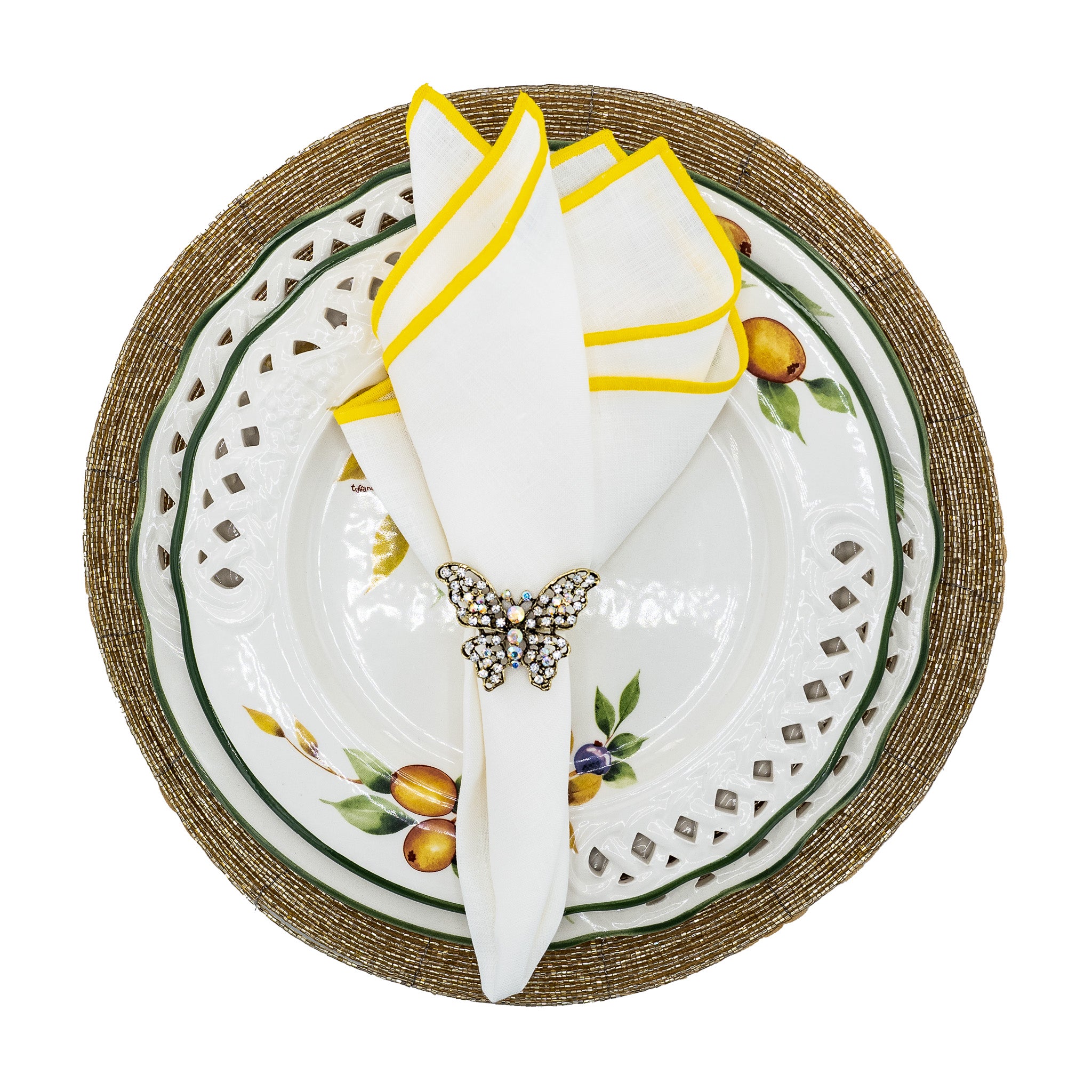 Linen napkins with yellow stitch edges, crafted to bring a sunny and sophisticated touch to your table settings.