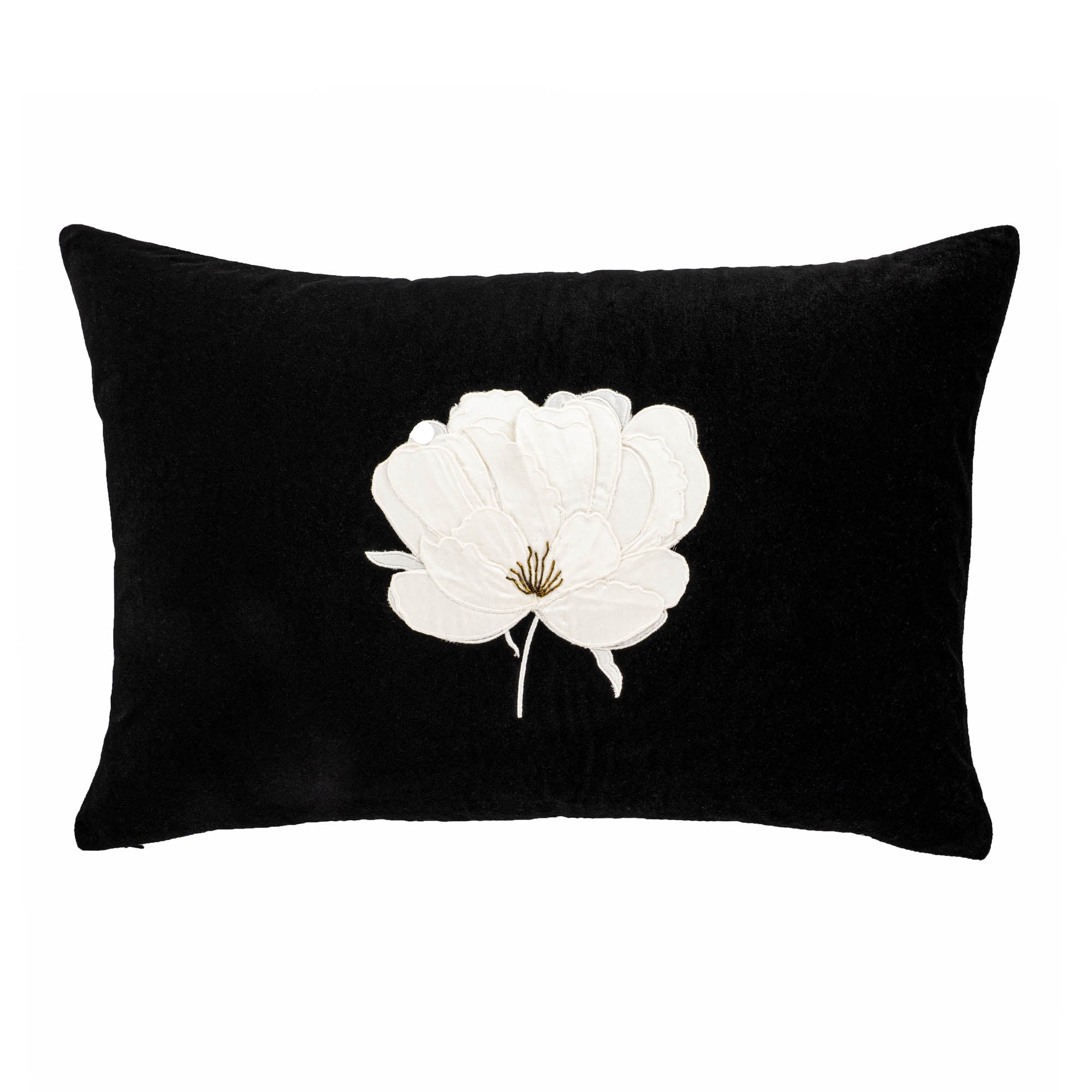 Chouchou Touch Lotus Silk Velvet Throw Pillow with white hand-embroidered lotus on black velvet, 12x20 inches.