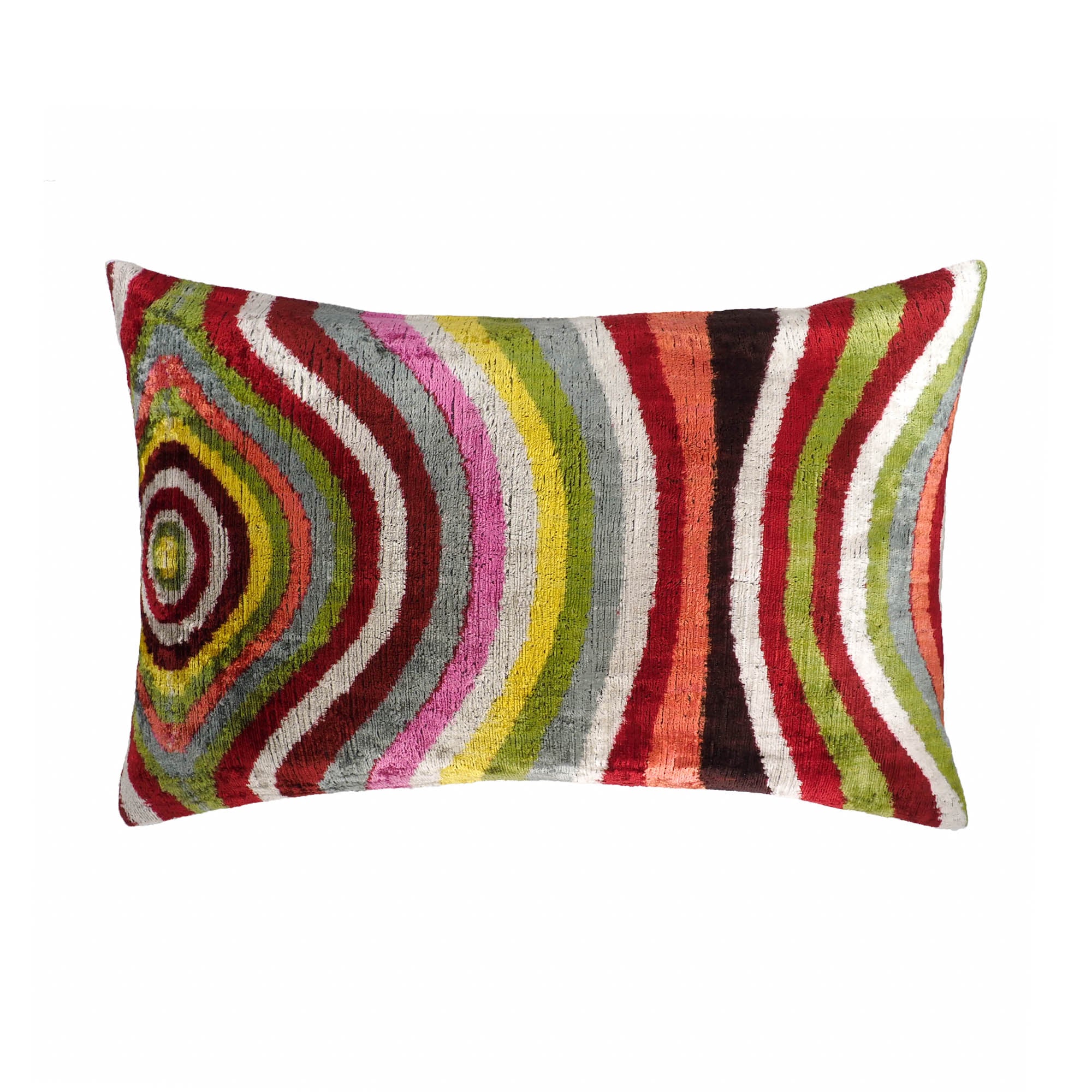 Lucid silk velvet ikat throw pillow with multicolor concentric wave pattern.