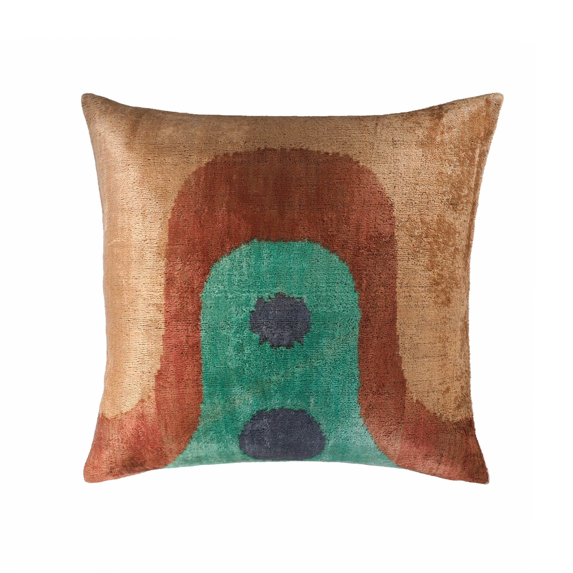 Madonna silk velvet ikat pillow with earthy tones and abstract circular design.