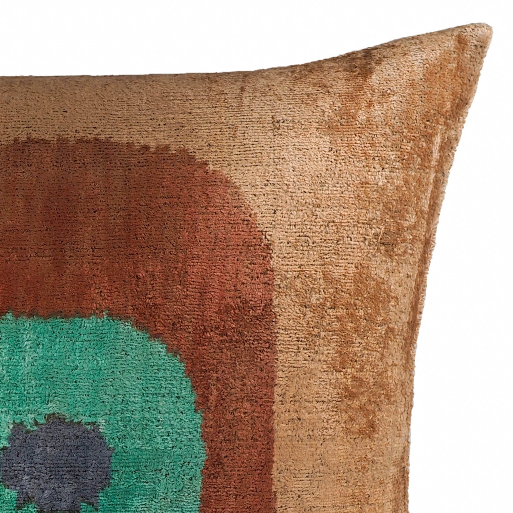 Chouchou Touch 20x20 inch silk velvet pillow featuring stylized central motif in soft hues.