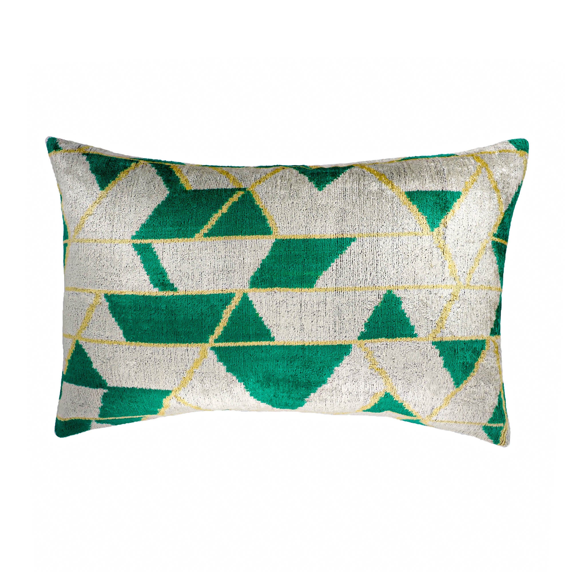 Green and white silk velvet ikat throw pillow with geometric triangle pattern.