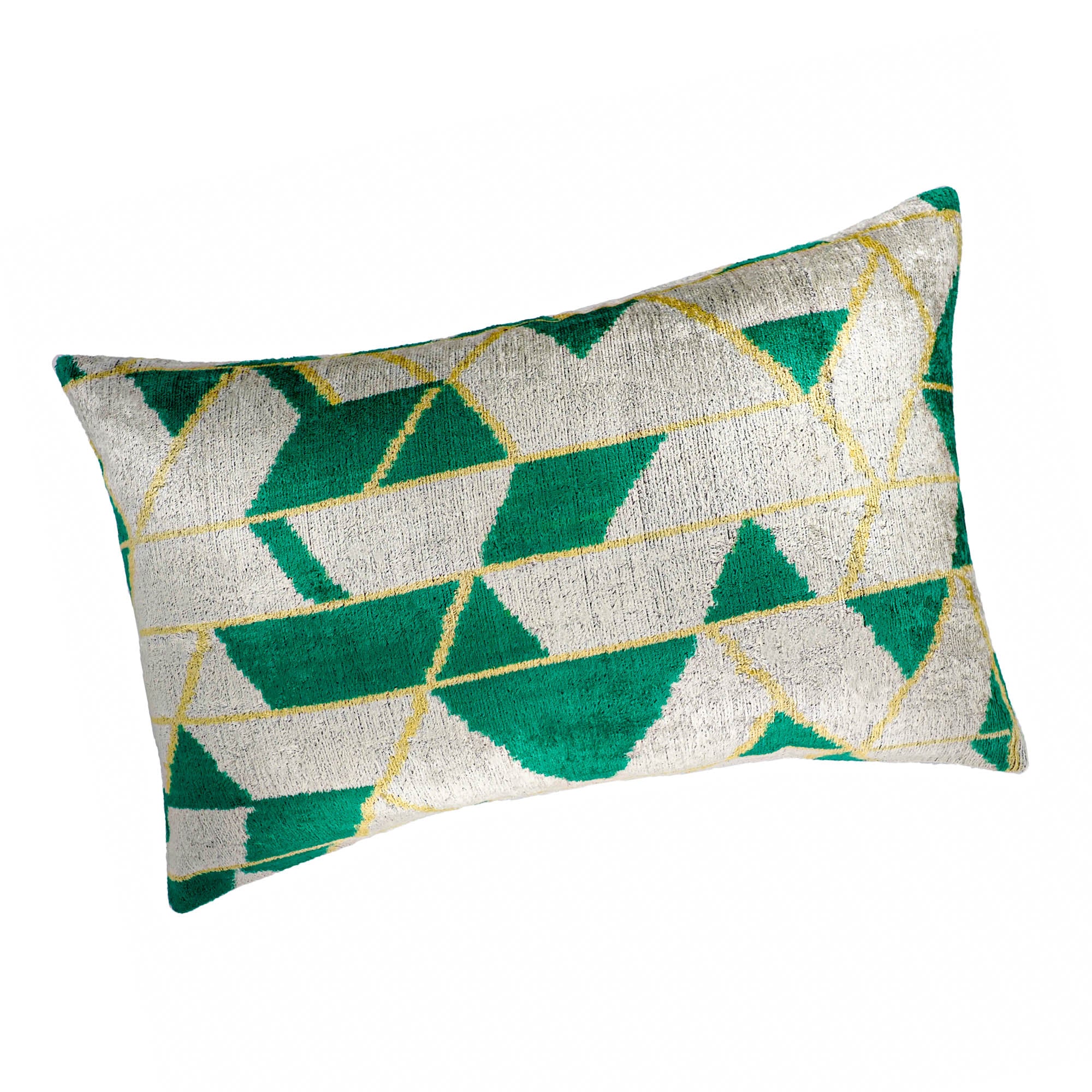 Rectangular 100% silk ikat pillow with green triangles and yellow diagonal lines.