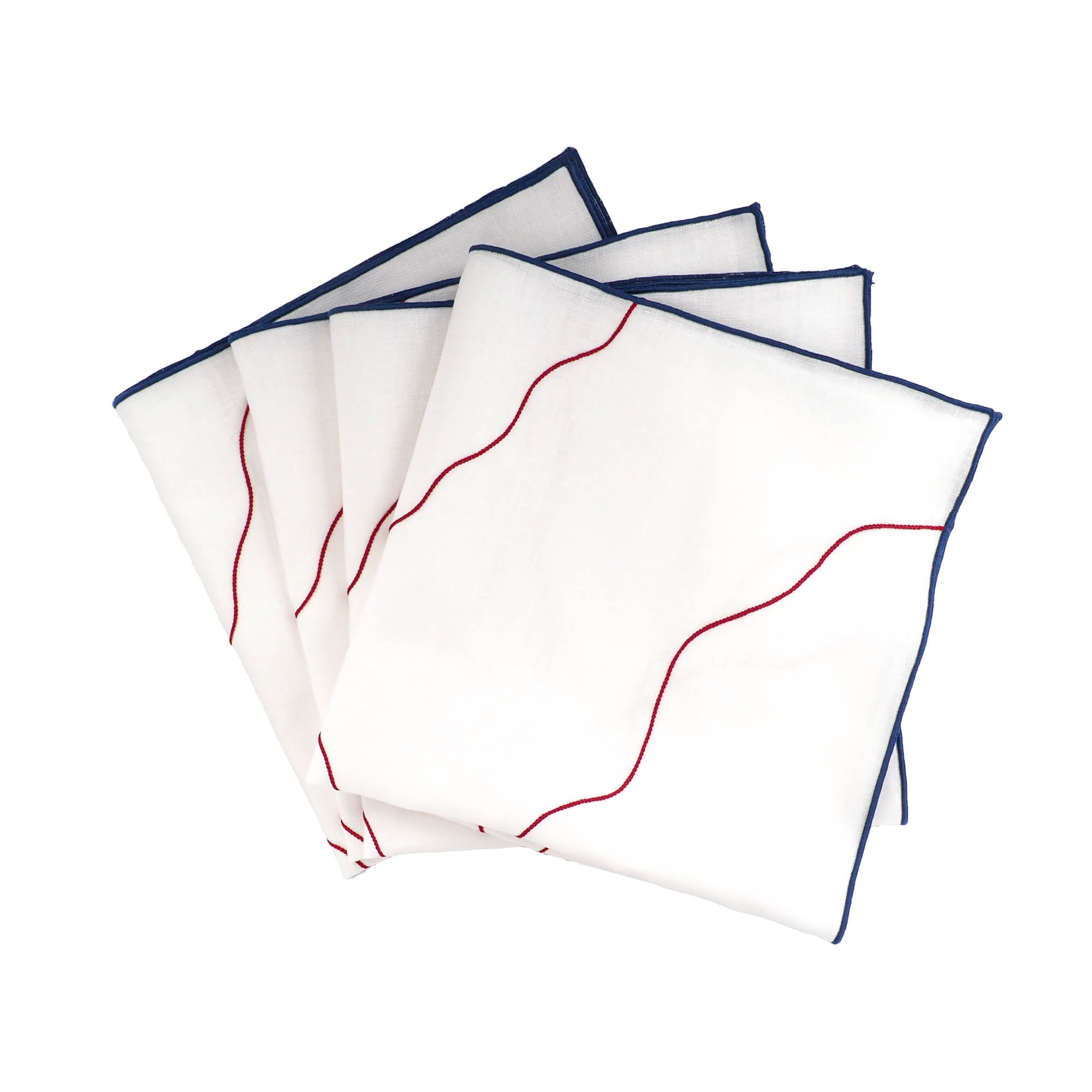 Luxurious Miami Linen Napkins, offering a refined tactile experience with blue satin stitch edges on 100% linen.