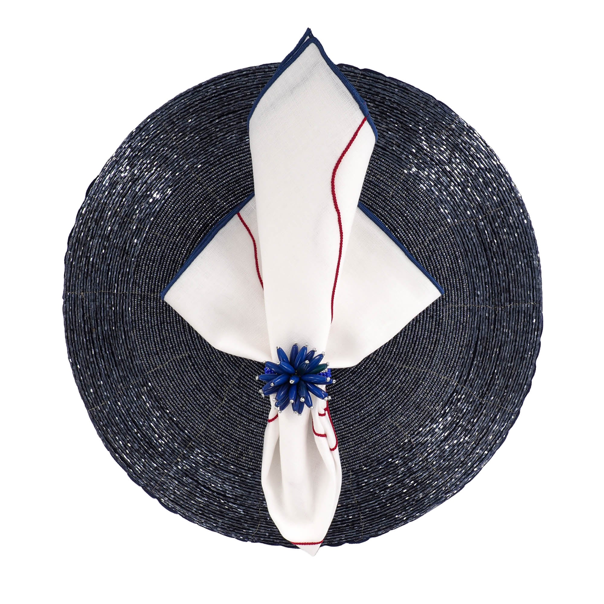 Set of 4 Miami Linen Napkins with blue satin stitch edges, offering timeless charm for any formal or casual occasion.