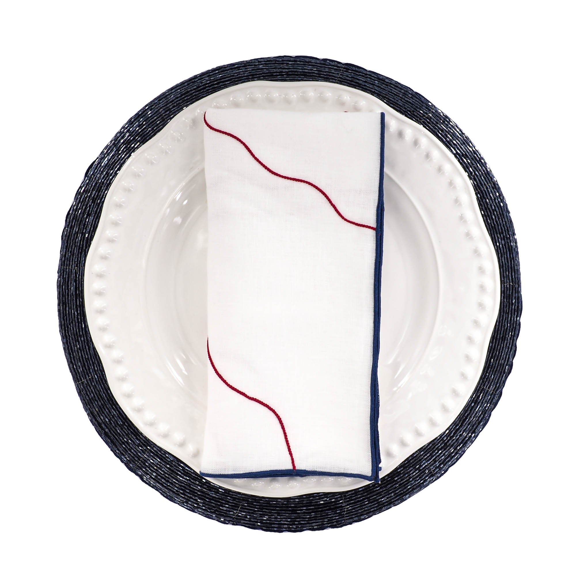 Set of 4 Miami Linen Napkins with blue satin stitch edges, offering timeless charm for any formal or casual occasion.