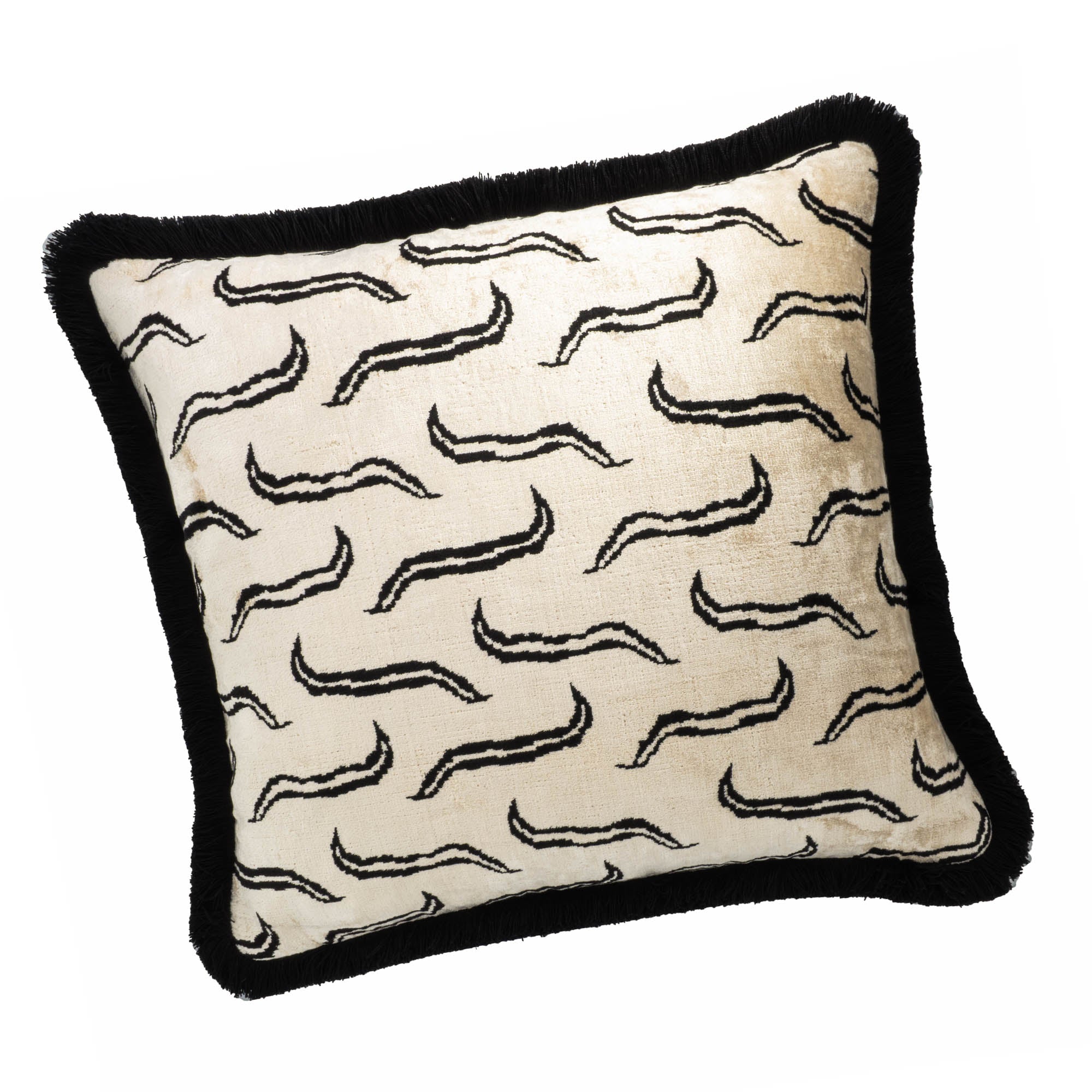 Sophisticated black and white throw pillow featuring smooth silk velvet and elegant fringe details.