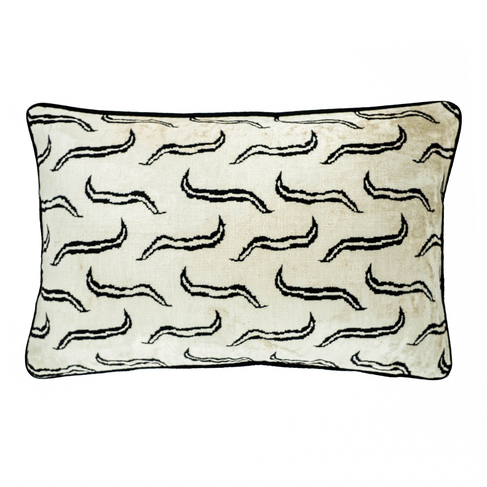 Modern silk velvet throw pillow with a black and white design, crafted to add elegance to any setting.