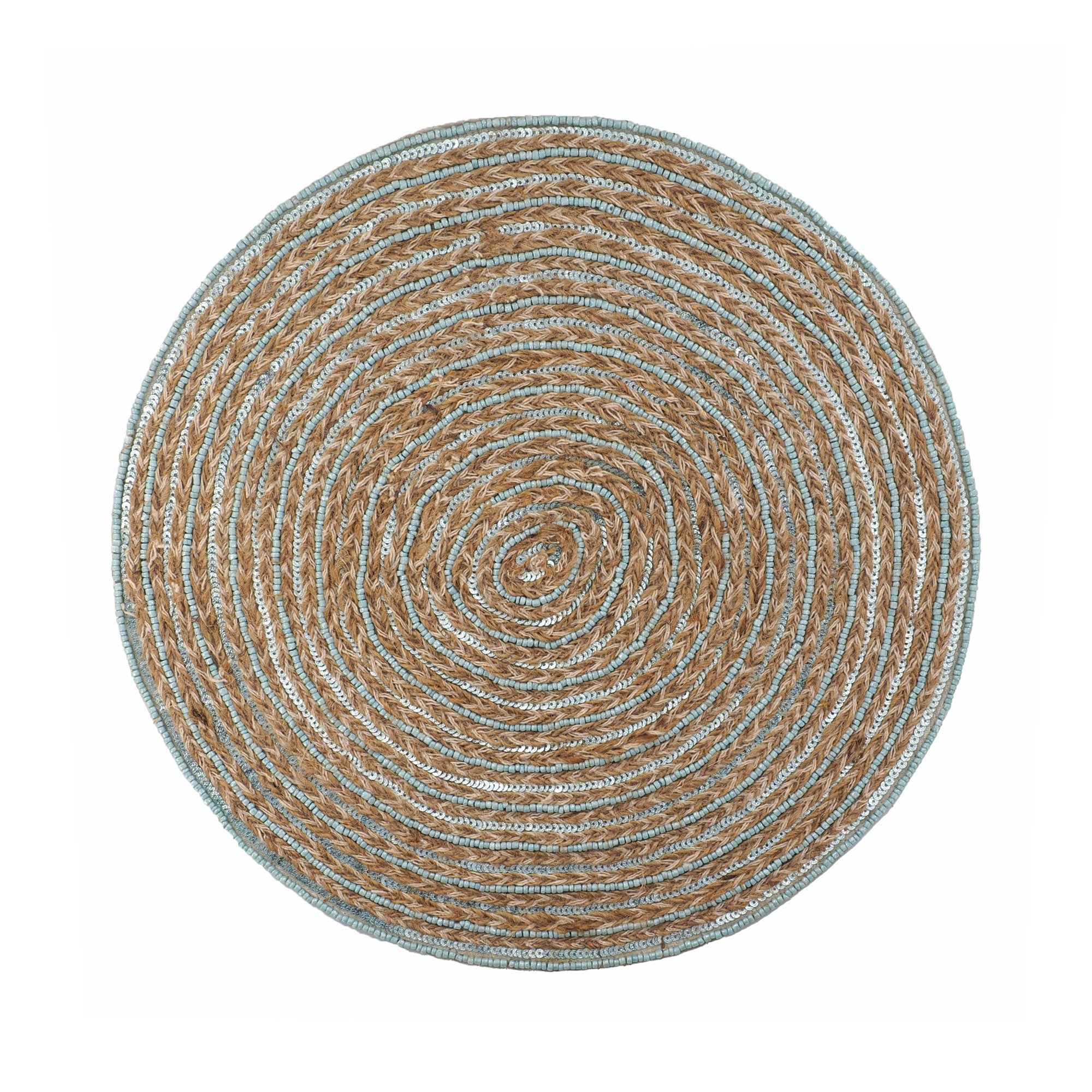 Chouchou Touch Minoan Braided Jute placemats, set of 2, with luxurious teal glass beads and natural jute, perfect for any occasion.