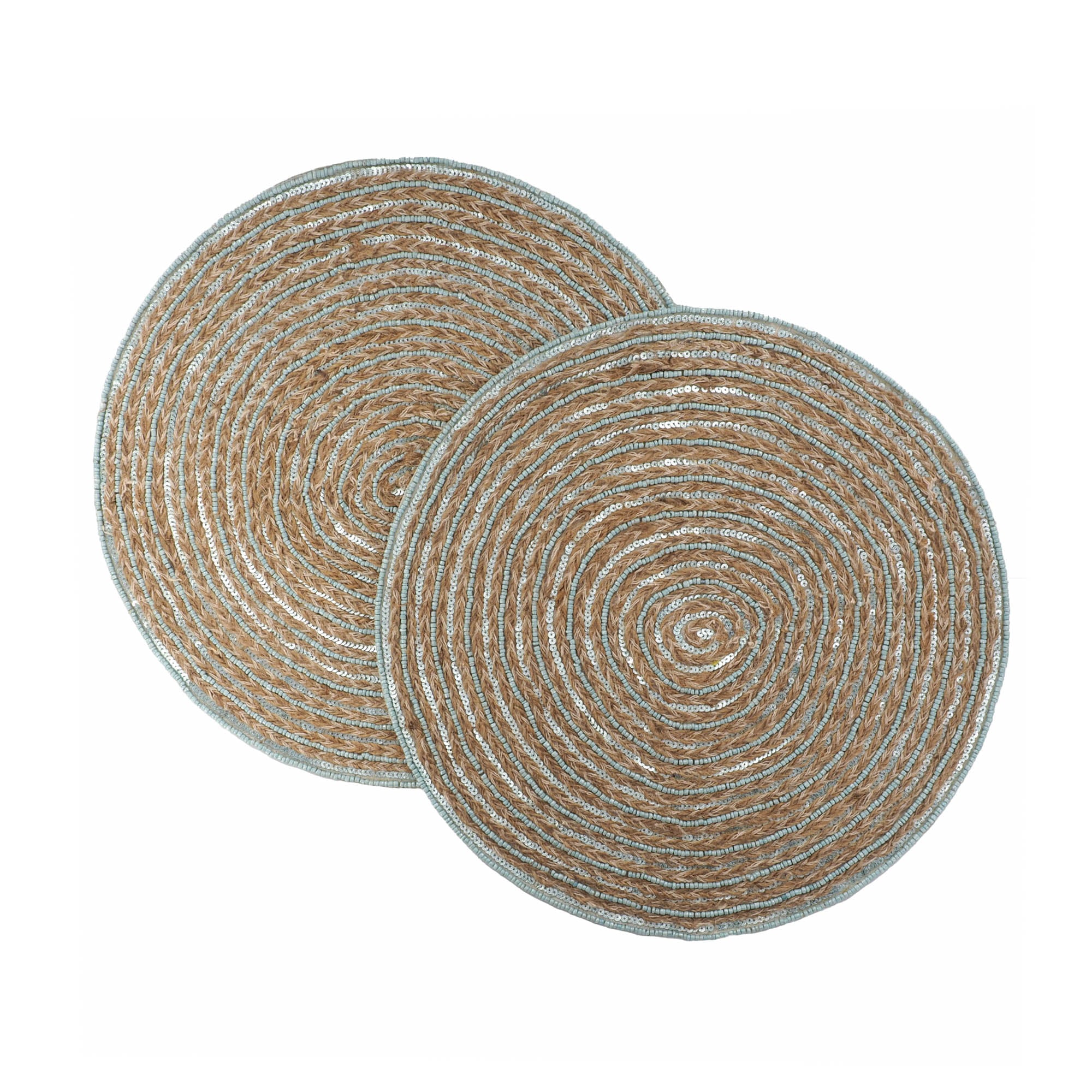 Handcrafted Minoan jute placemats, set of 2, with teal glass beads and durable cotton lining, designed for stylish dining.