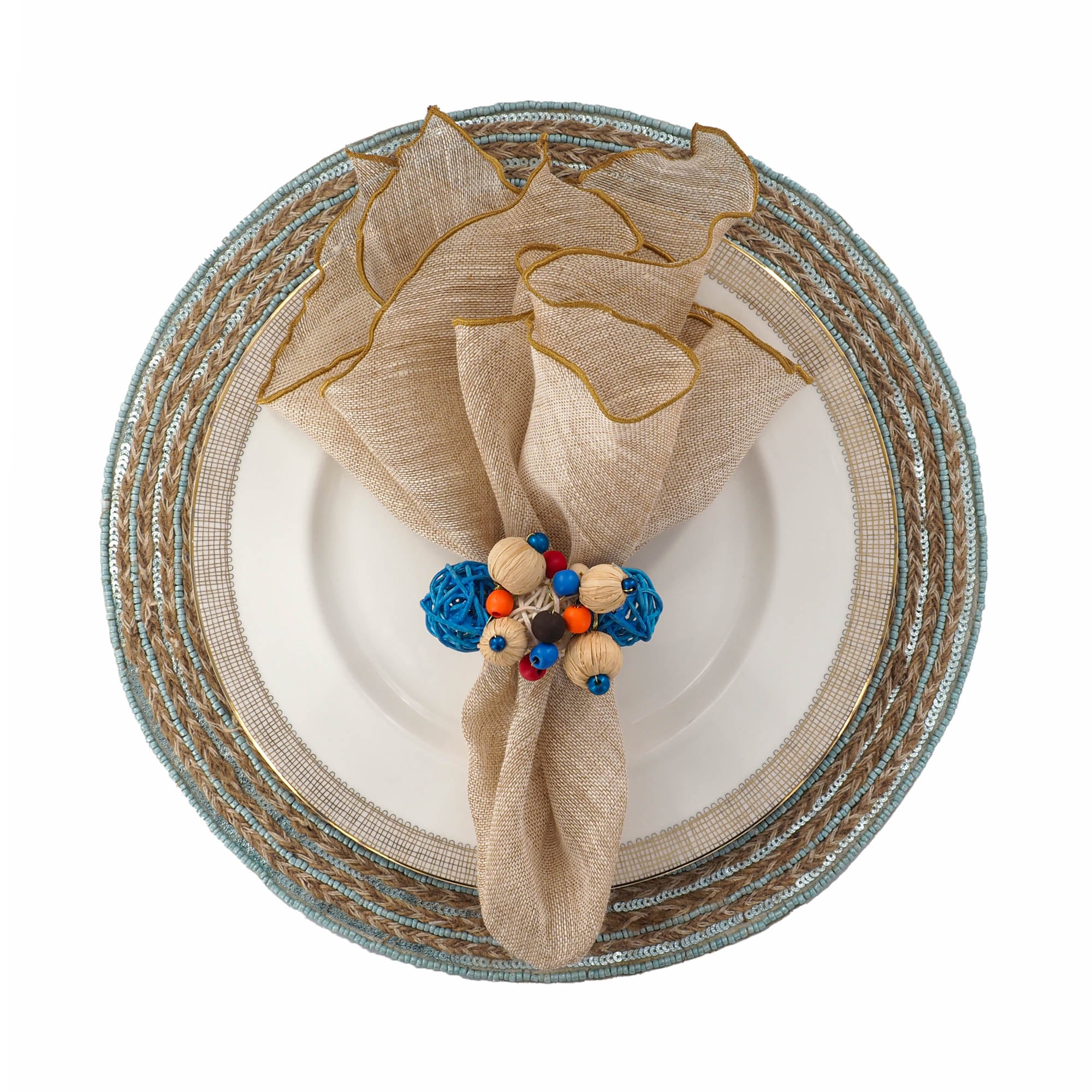 Chouchou Touch Minoan Braided Jute placemats, set of 2, with glass bead embellishments, offering a sophisticated touch to your table.