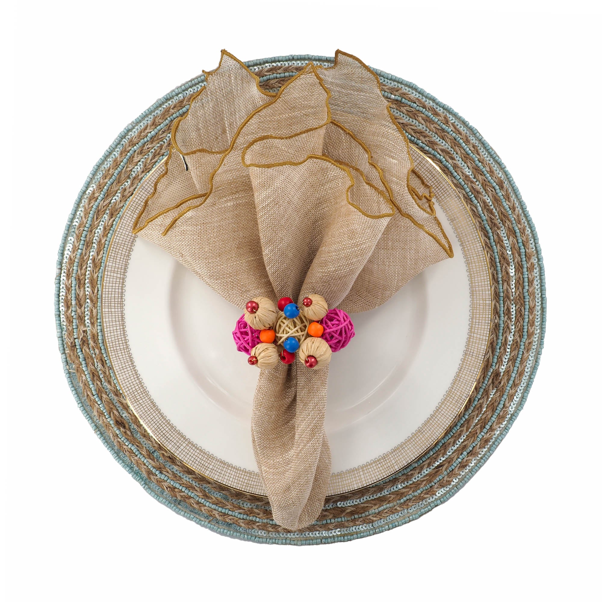 Minoan-inspired glass beaded placemats, set of 2, featuring natural jute and teal beads, ideal for casual and formal gatherings.