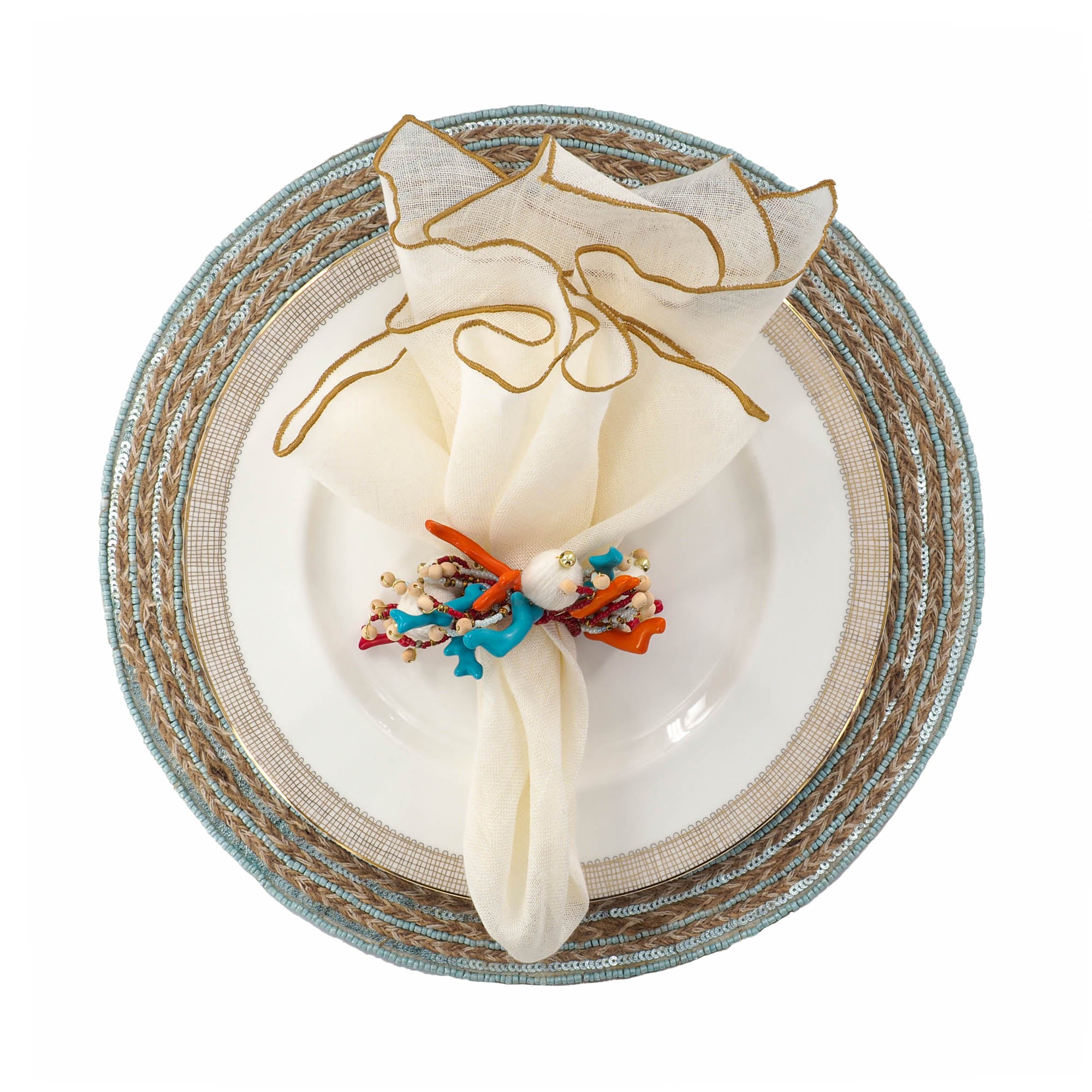Set of 2 Minoan Braided Jute placemats with teal glass beads and cotton backing, perfect for enhancing your tabletop decor.