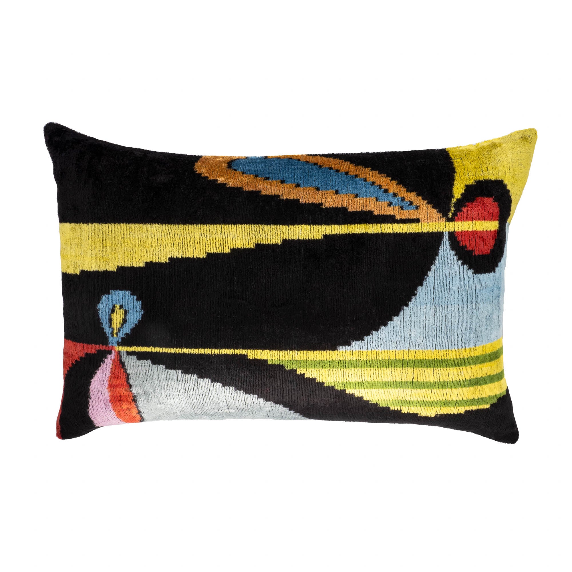 Miro Silk Velvet Ikat Pillow Cover by Chouchou Touch with bold black, yellow, and blue geometric pattern.