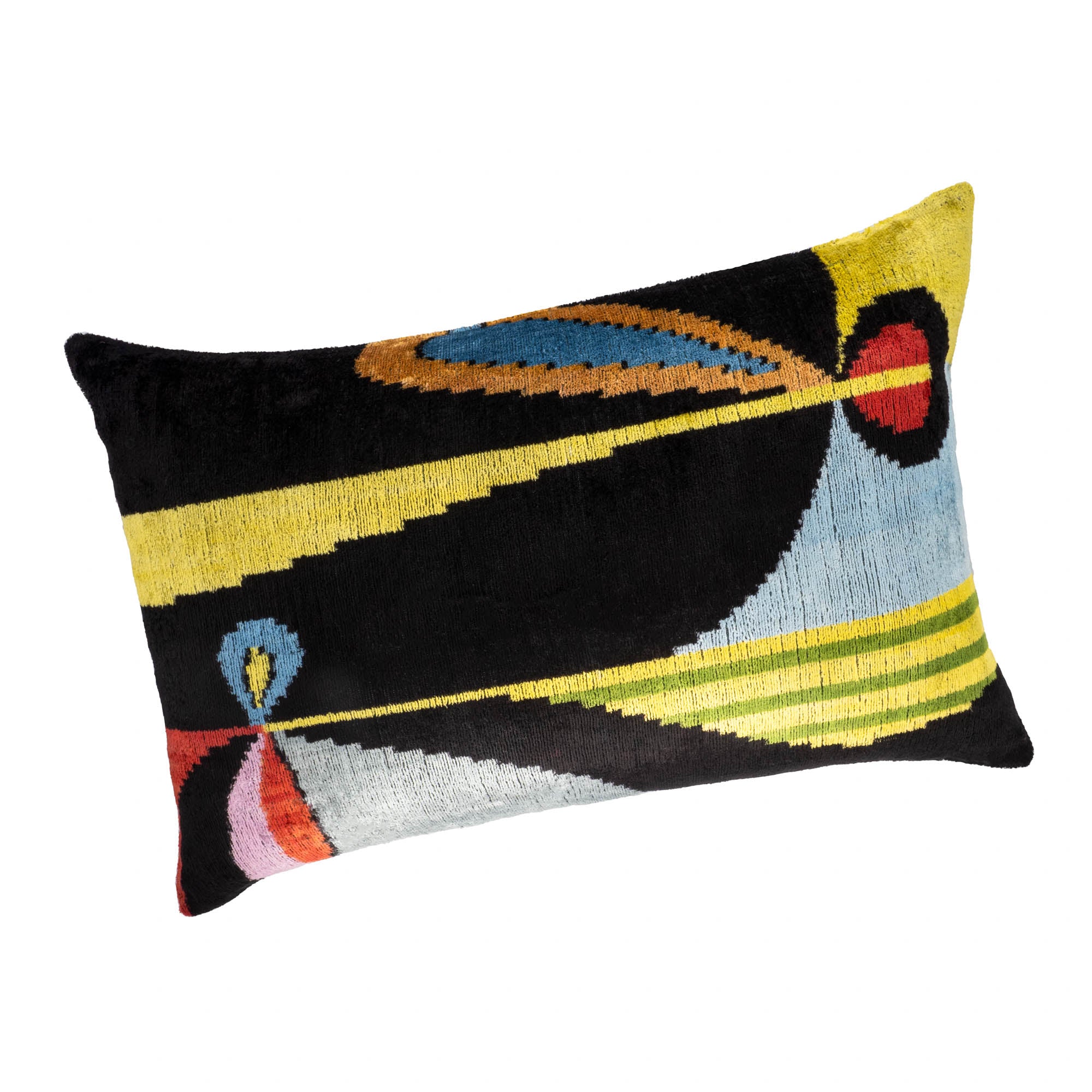 Rectangular silk velvet pillow cover with vibrant Miro-inspired ikat design in black, blue, and yellow.