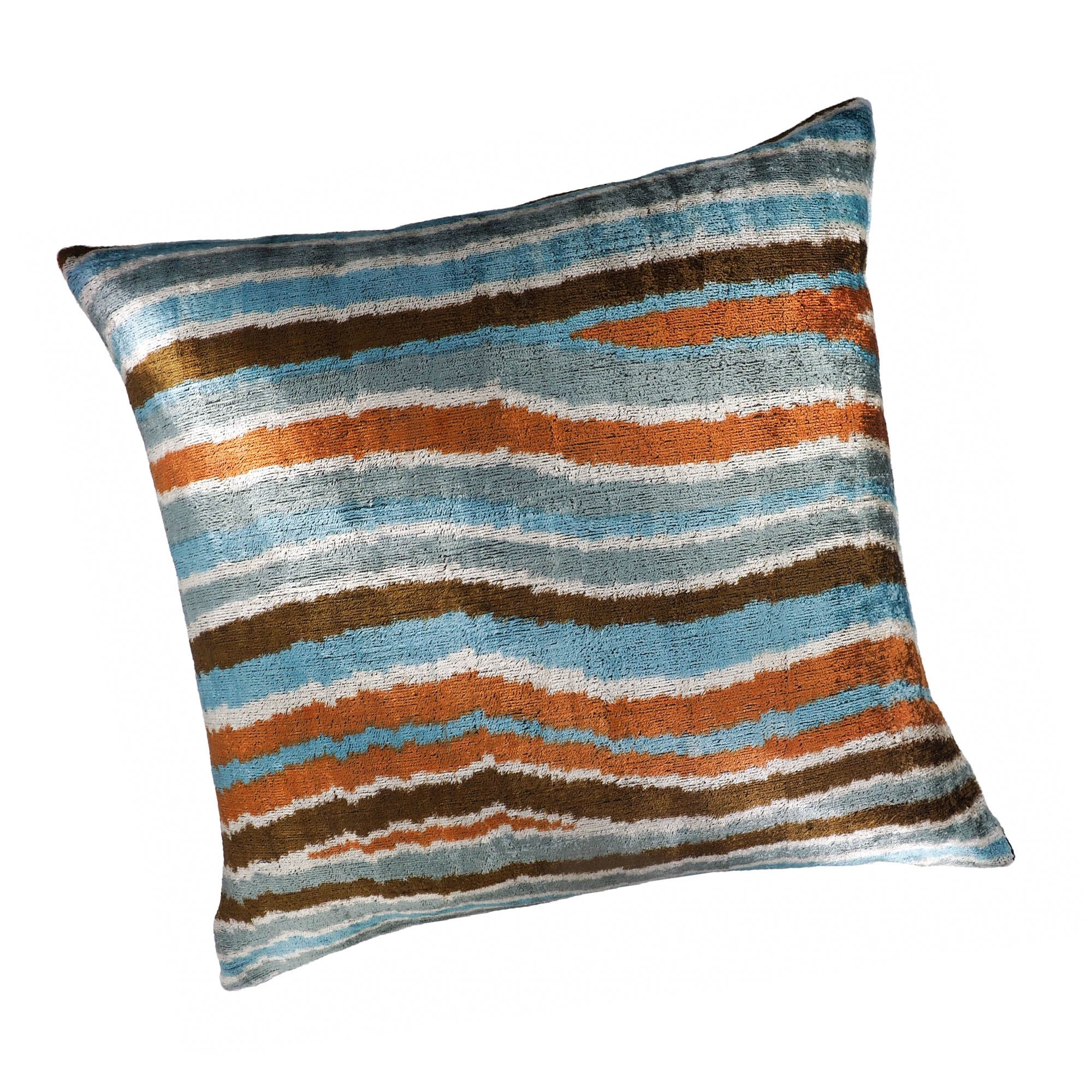Large square throw pillow cover with undulating ikat stripes in earthy tones and cool blues.