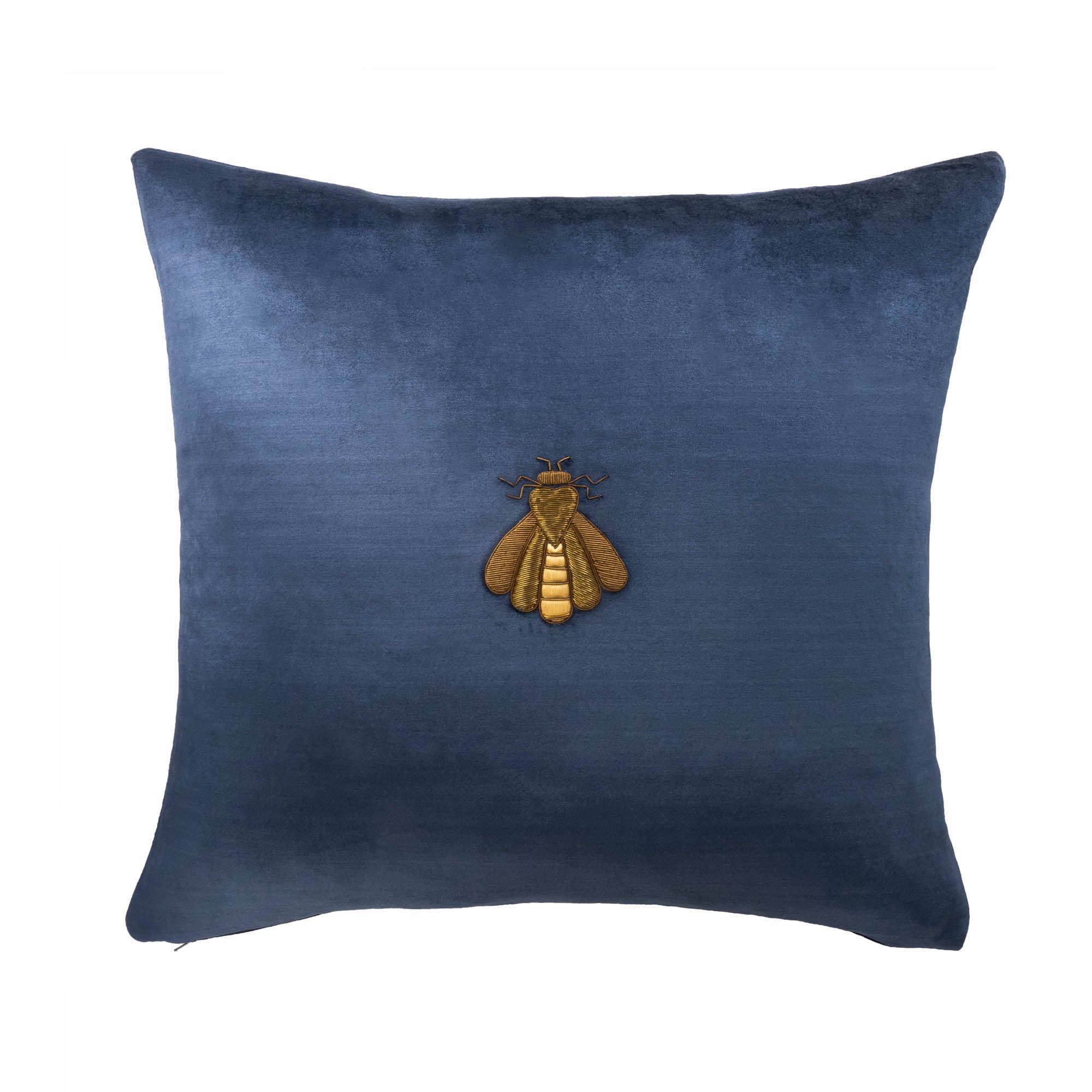 Navy Bee Silk Velvet Throw Pillow Cover with central golden bee embroidery, 20x20 inches